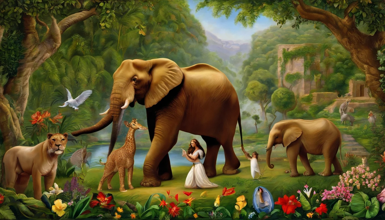 Adam and Eve in the Garden of Eden, cercado por animais e plantas de todo o mundo. Adam and Eve are shown standing in the center of the image, enfrentando Deus. God is above them, with hands raised in blessing. Around Adam and Eve there are a variety of animals, Including lions, Tigres, Ursos, Elefantes, girafas, birds, e peixes. There is also a variety of plants, including trees, flor, e frutas. The general mood of the painting is one of peace, abundance, e harmonia, imagem realista