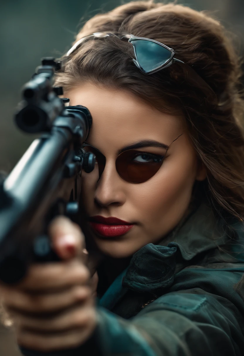 Girl holding the muzzle of a gun near the face of the enemy
