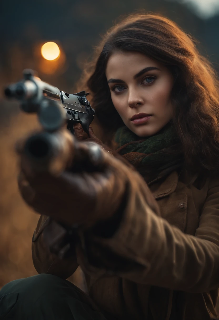 Girl holding the muzzle of a gun near the face of the enemy
