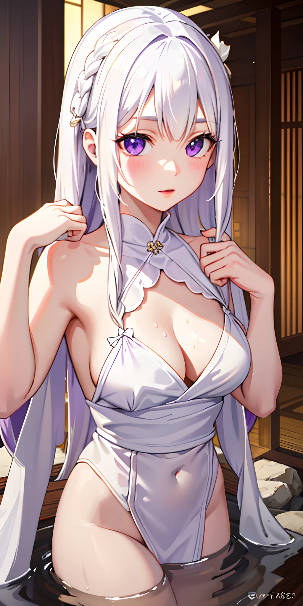 1girl, white hair, purple eyes, portrait, realistic, towel, (onsen), sidelighting, wallpaper, nsfw, medium breasts, x hair ornament, long hair, white flower in hair, white rose in hair, braid in hair, onsen background, beautiful background, best quality, masterpiece