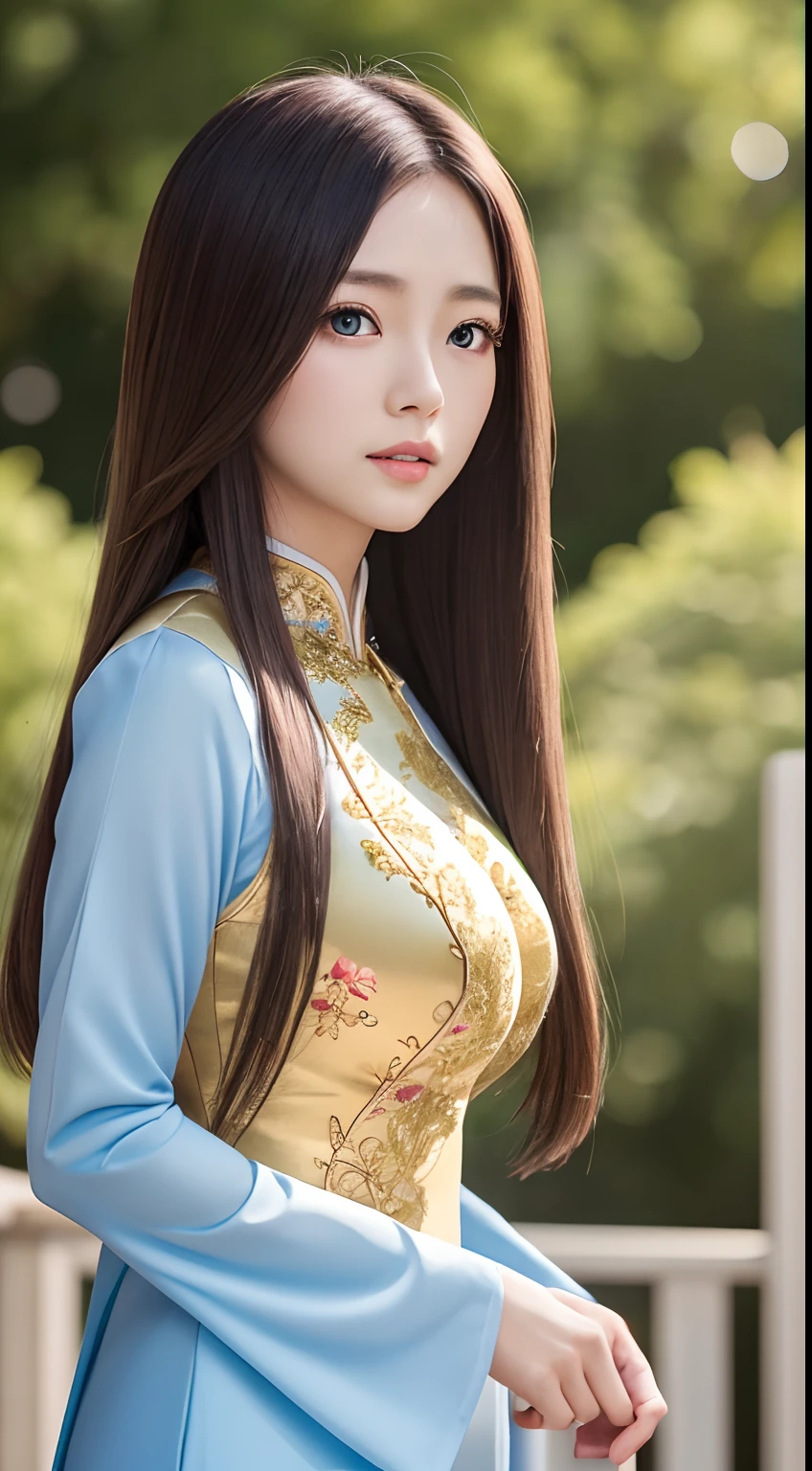 finest image, (8k, RAW photo, realistic), neat and beautiful Japanese woman, iridescent light brown straight hair, blue shining big eyes, long eyelashes, double eyelids, half open crimson alluring moist big thick lips, large breasts, side boobs, under boobs, abs, slender, perfect proportion, full body, black ao dai with golden embroidery, blurry background red