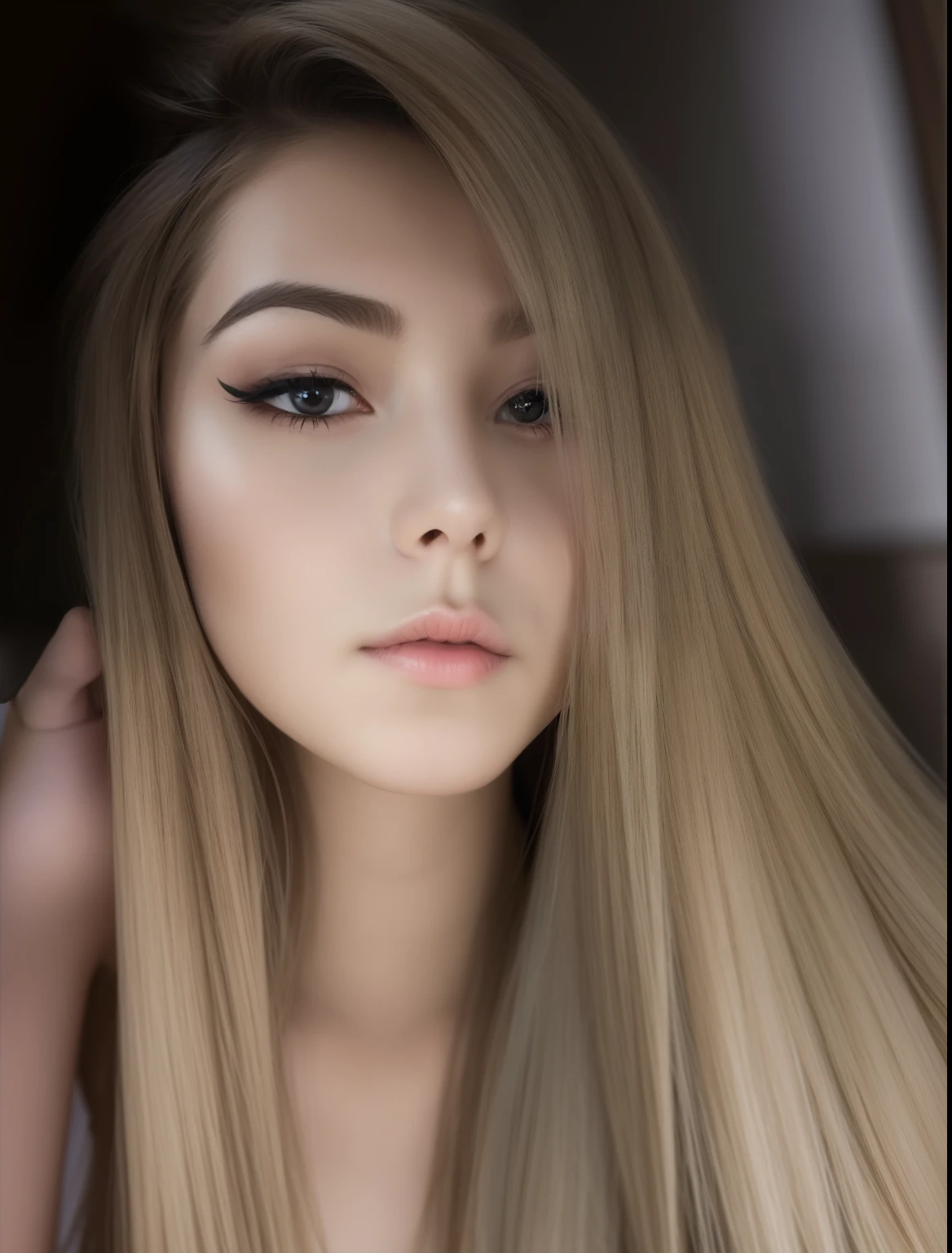 Beautiful woman with flowing blonde hair, black dress, Commercial shampoo, foto realista