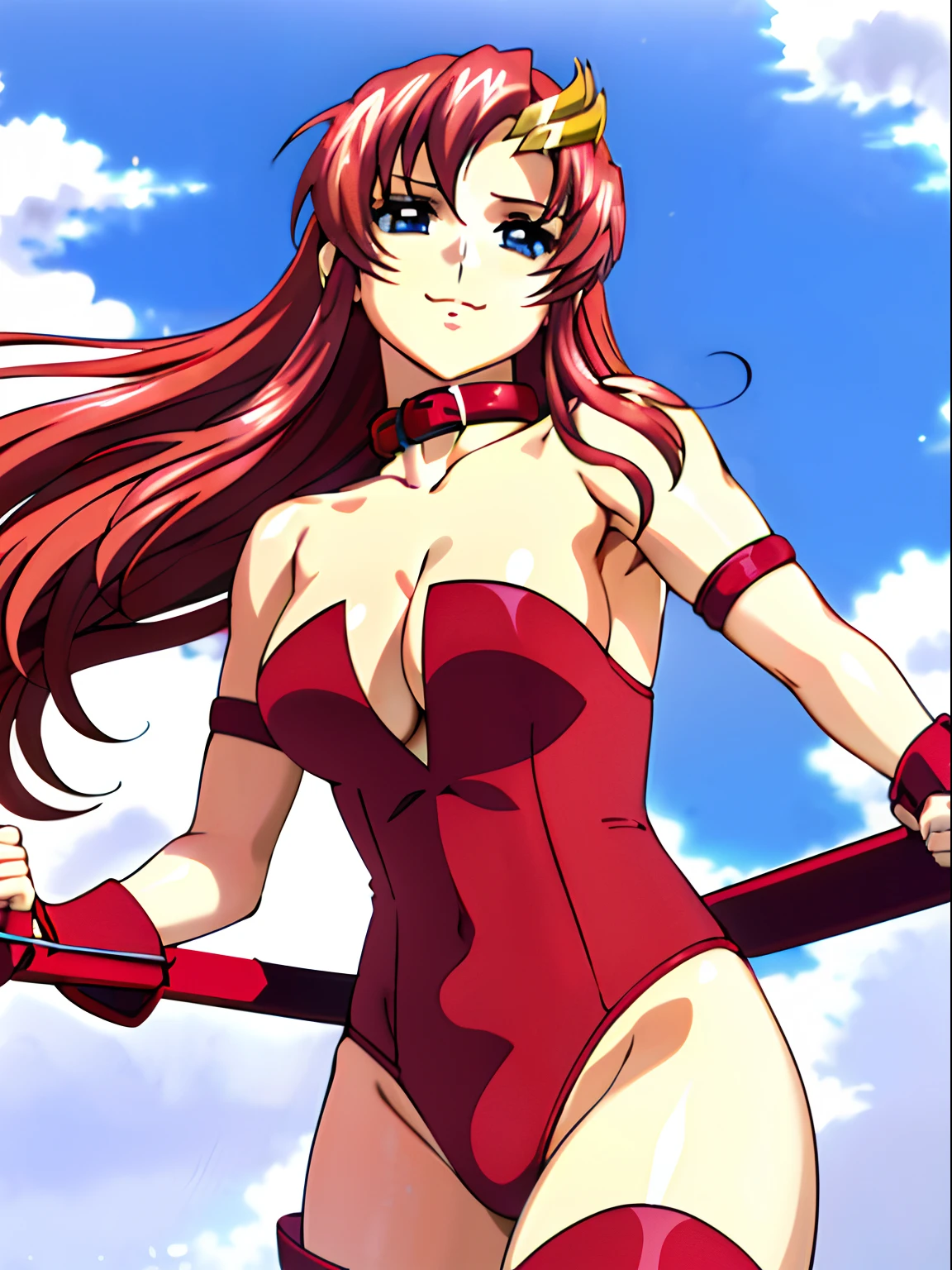 solo, (((red strapless wrestling outfit, collar, red boots))), (upper body view, closed mouth, happy, Best Quality, Anime style: 1.9, Adult Woman, (cloud background), Anime, lacus4), 1girl, Solo, 鎖骨, (very long hair, wide bangs, Hair Ornament, Detailed reddish-pink hair, golden crest), large hands, (blue eyes), ((little biceps, slender body, hourglass figure, broad shoulders, closed fists)), ((perfect proportions, medium breasts, cleavage, long belly)), (((mini red wrestling outfit))