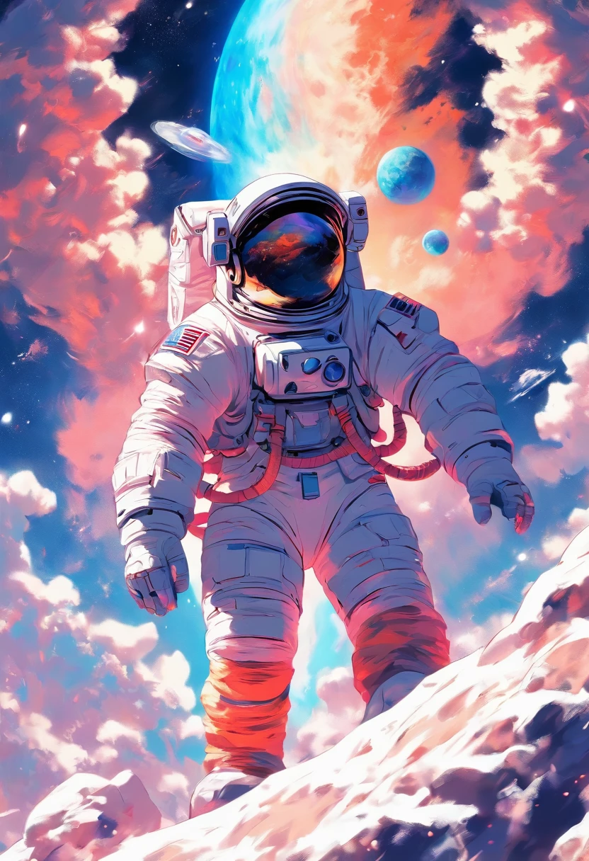 （Astronaut struggling to climb creative poster on snowy mountain）, （struggling：1.37），（Climbing：1.1），（Background with：This is a planet）, lonely astronaut, detailed astronaut, fully space suited, In space（on moon）, key art, inspired by Yoshihiko Wada, Official poster, character poster, promotional poster art, promotional movie poster,