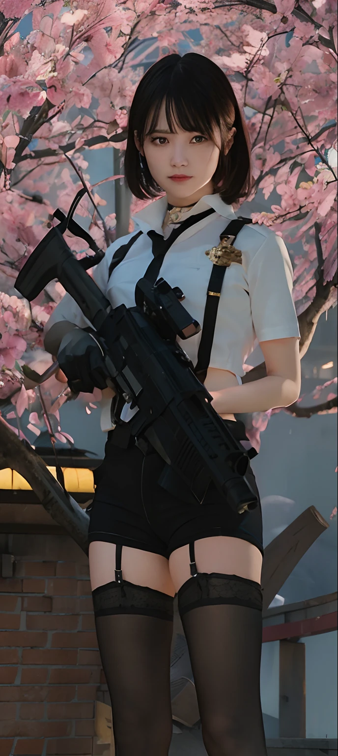 1 girl, short hair, hold a weapon, police uniform, realistic, ultradetail, undawn character