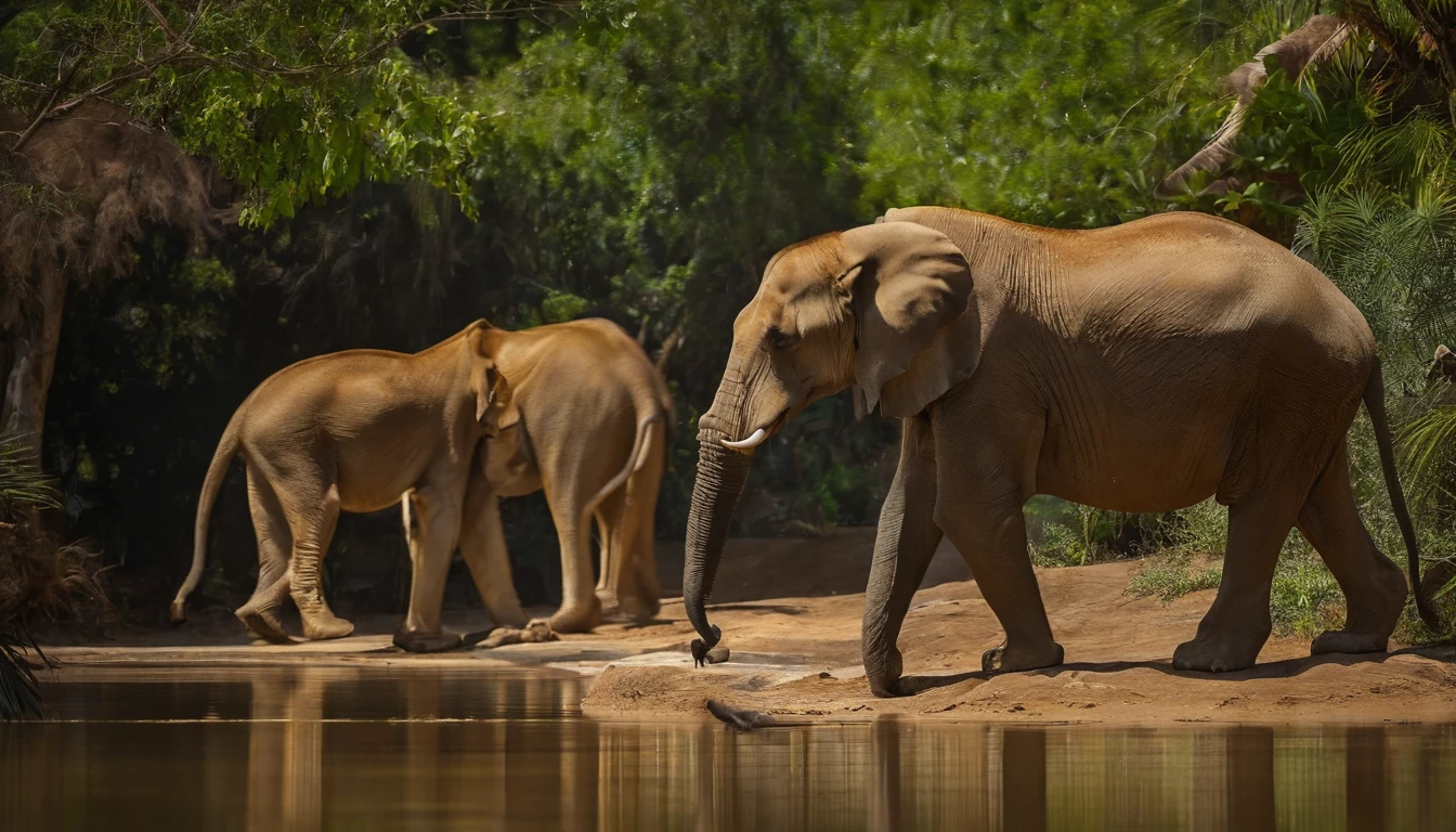 um jardim com variedade de animais, incluindo elefante, lions, passaros, macacos