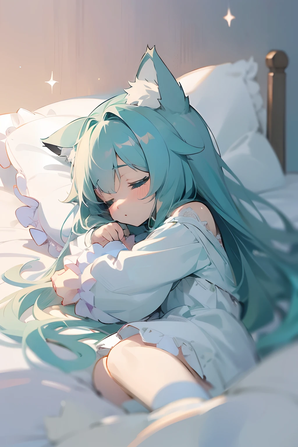 (a peaceful dream, nighttime serenity, calmness, restful sleep), (best quality, ultra-detailed, photorealistic), (painting), (stars shining, gentle moonlight), (soft pillow, comfortable bed, dreamy atmosphere), (tranquility, luxurious sleep), (peaceful and serene), (subtle colors, dark and warm tones), (soft and diffused lighting), closeup of a anime girl with long teal hair on the bed sleaping and hugging a big white wolf in the clouds, an anime drawing by Shitao, pixiv contest winner, furry art, fluffy!!!, very beautiful anime cat girl, beautiful anime catgirl, cute anime catgirl, anime girl with cat ears, very beautiful cute catgirl, white cat girl, fluffy!!!, anime catgirl, anime cat, trending on artstation pixiv, chibi, cute chibi,
