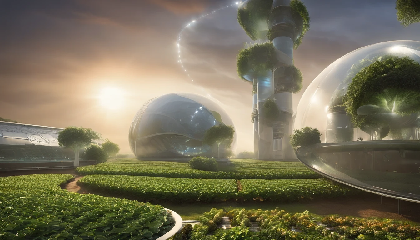 Una gran espacio, the size of a stadium, hay muchas columnas de vidrio y en su interior diferentes vegetaciones, Fruit and vegetables growing in hydroponic systems, There are robots moving through guidance systems and flying robots, There is atmosphere and good sunlight, paredes gigantes de vidrio y columnas de acero curvadas,