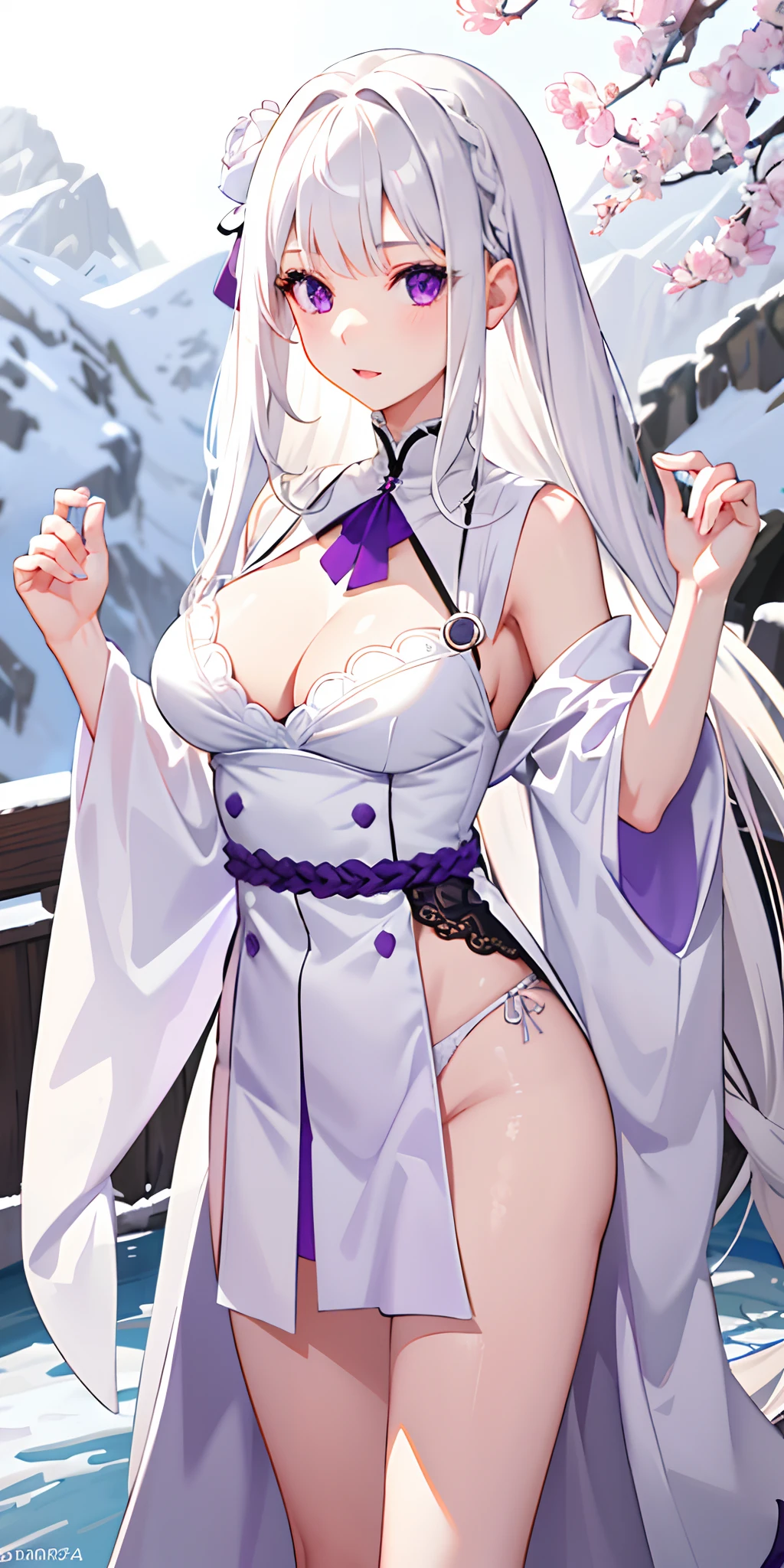1girl, white hair, purple eyes, portrait, white panties, white bra, sidelighting, wallpaper, nsfw, medium breasts, x hair ornament, long hair, white flower in hair, white rose in hair, braid in hair, onsen background, beautiful background, best quality, masterpiece