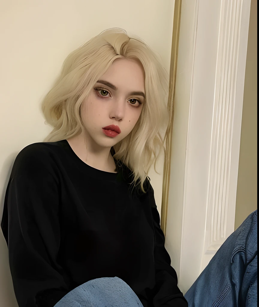 mujer rubia sentada en el suelo con las piernas cruzadas, pale skin curly blond hair, extremely pale blond hair, cabello rubio muy, very pale, Billie Eilish, Ava Max, pale hair, Chica perfecta de pelo blanco, su cabello es blanco, Una chica con cabello rubio, with pale skin, Yelena Belova, pale, piel brillante, piel blanca muy, muy, very pale