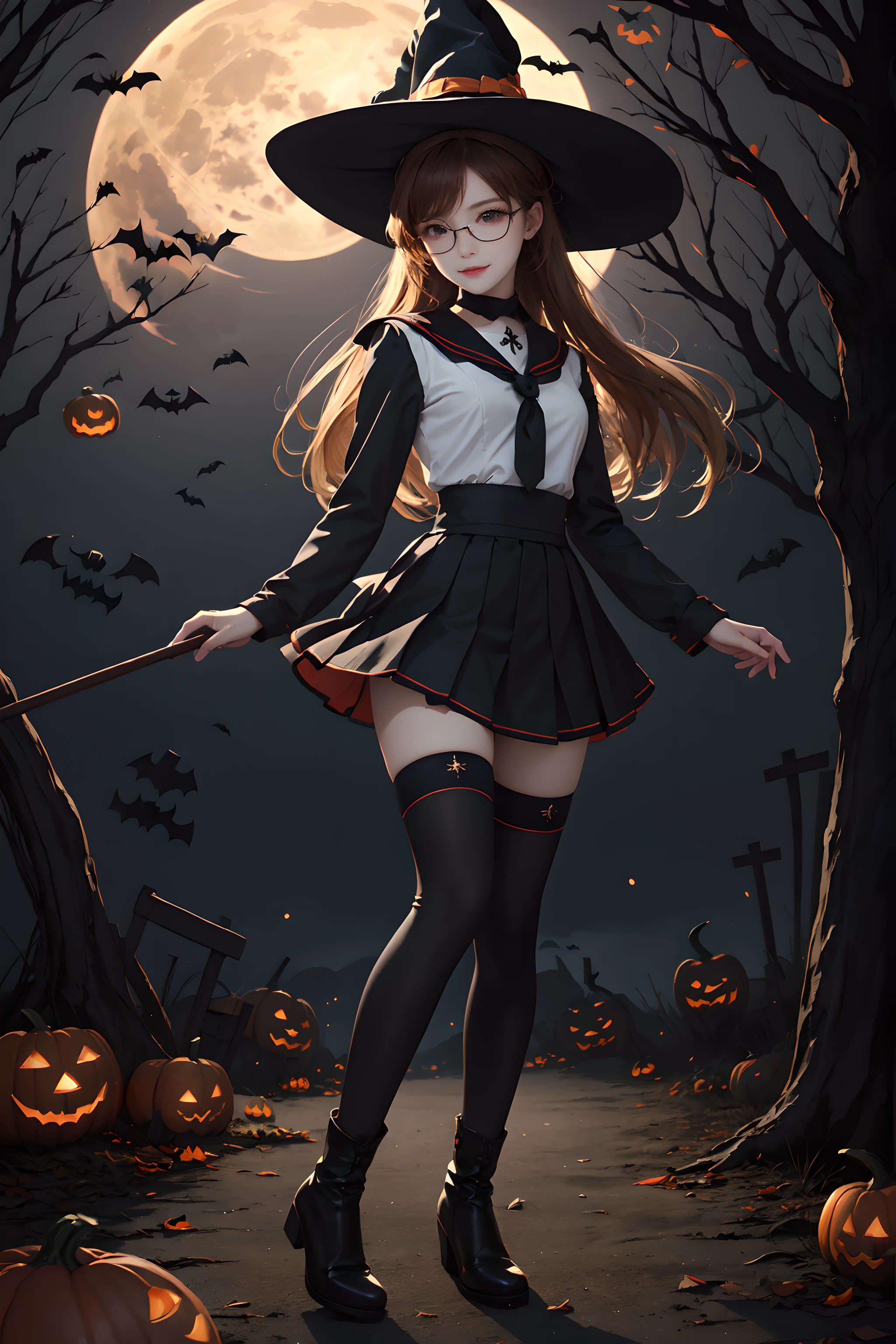 (Halloween theme:1.5), BREAK, A beautiful and powerful witch stands in the middle of a mysterious forest filled with sparkling lights of magic circles in the air and mythical tree stumps under full moon, BREAK, 1girl, magic, magic circle, tree, sky, star (sky), scenery, solo, outdoors, starry sky, night, dress, grass, moon, (red full moon:1.3), black cat, ghost, jack o'lantern, ,wearing (fusion of witch dress and sailor uniform:1.3), (red pleated skirt:1.3), (black stockings:1.3), (black boots:1.3), (wearing a glasses:1.3), (looking at the viewer, view viewer),