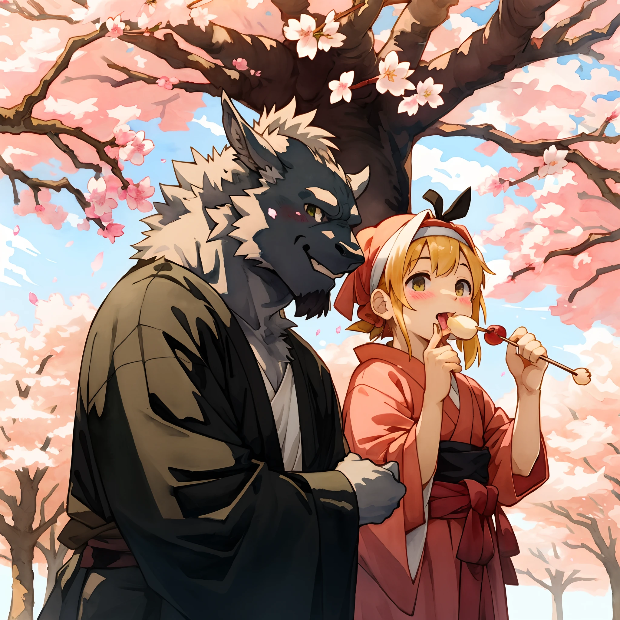 cover_page, Watercolor, Momotaro Wear peach-marked hachimaki, jinbaori, cherry blossom tree, ogre, joyful moment, dango, eating,