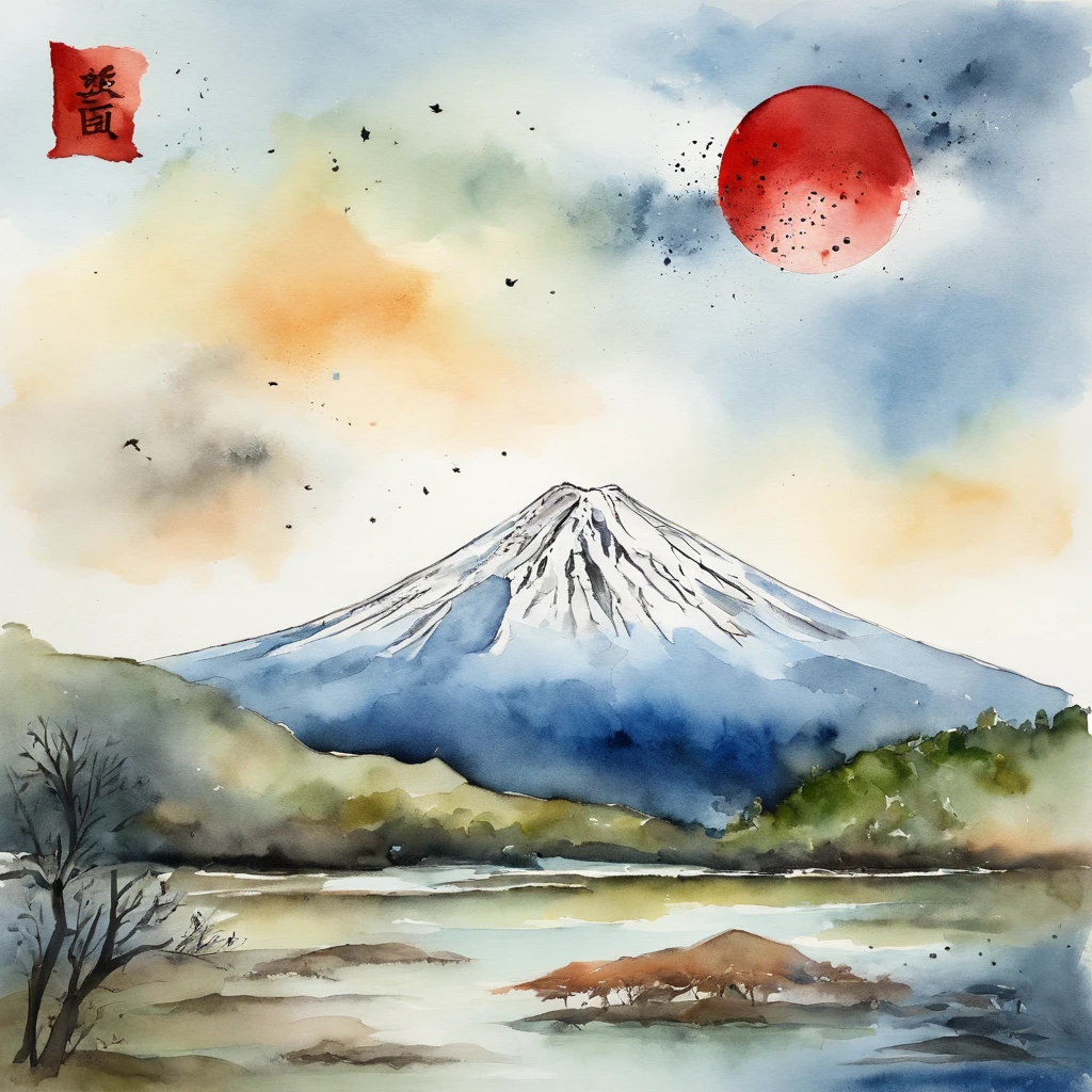 A painting of a mountain with a red moon in the sky - SeaArt AI