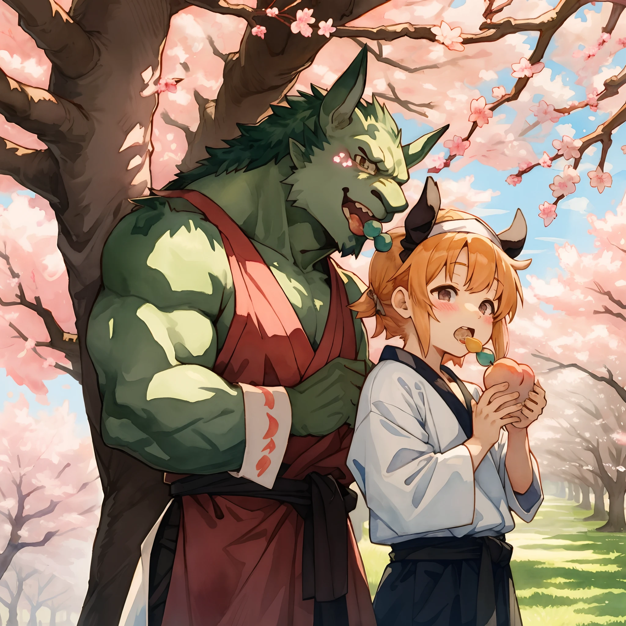 cover_page, Watercolor, Momotaro Wear peach-marked hachimaki, jinbaori, cherry blossom tree, ogre, joyful moment, dango, eating,