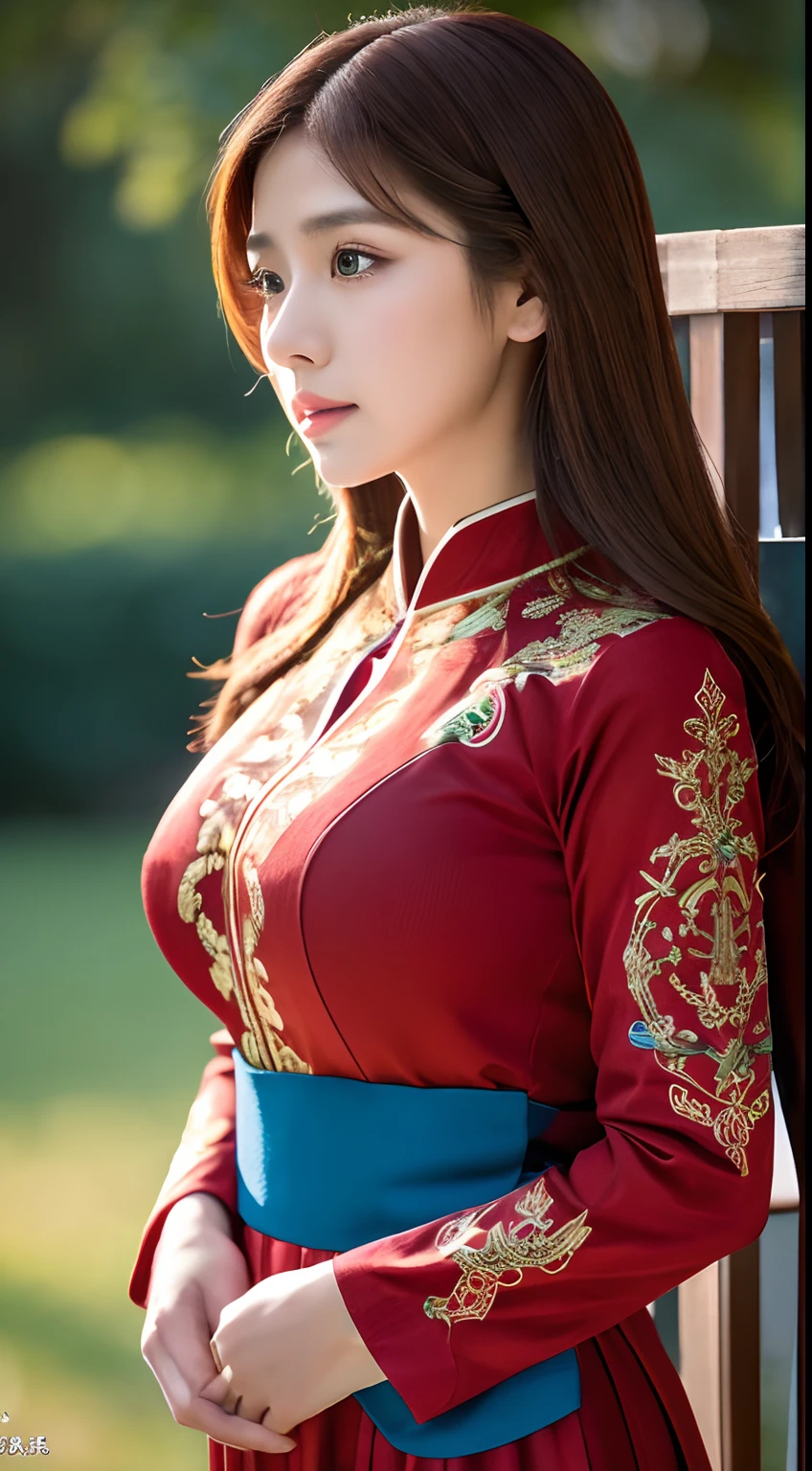 finest image, (8k, RAW photo, realistic), neat and beautiful Japanese woman, iridescent light brown straight hair, blue shining big eyes, long eyelashes, double eyelids, half open crimson alluring moist big thick lips, large breasts, side boobs, under boobs, abs, slender, perfect proportion, full body, black ao dai with golden embroidery, blurry background red