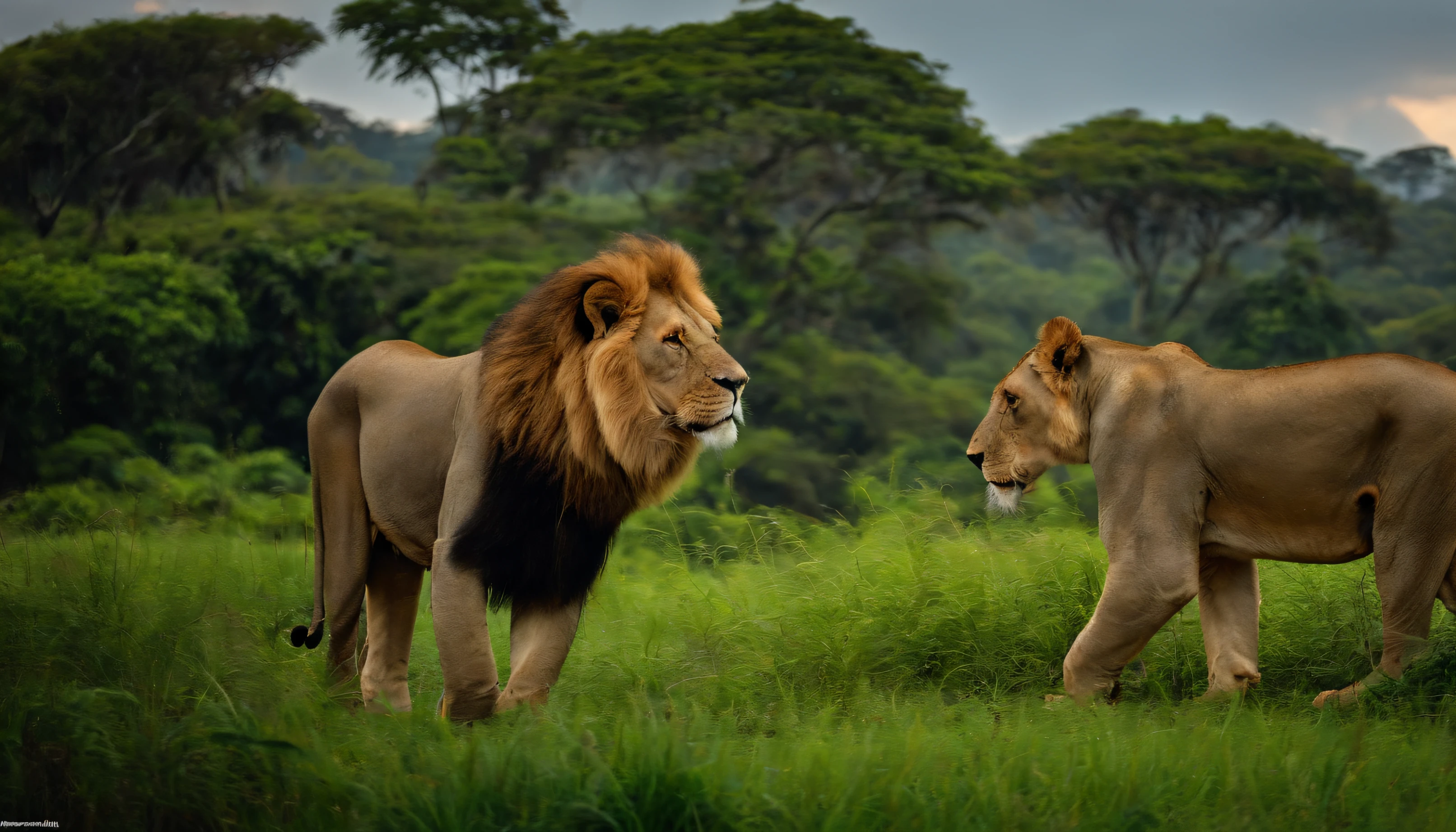 um jardim com variedade de animais, incluindo elefante, lions, passaros, macacos