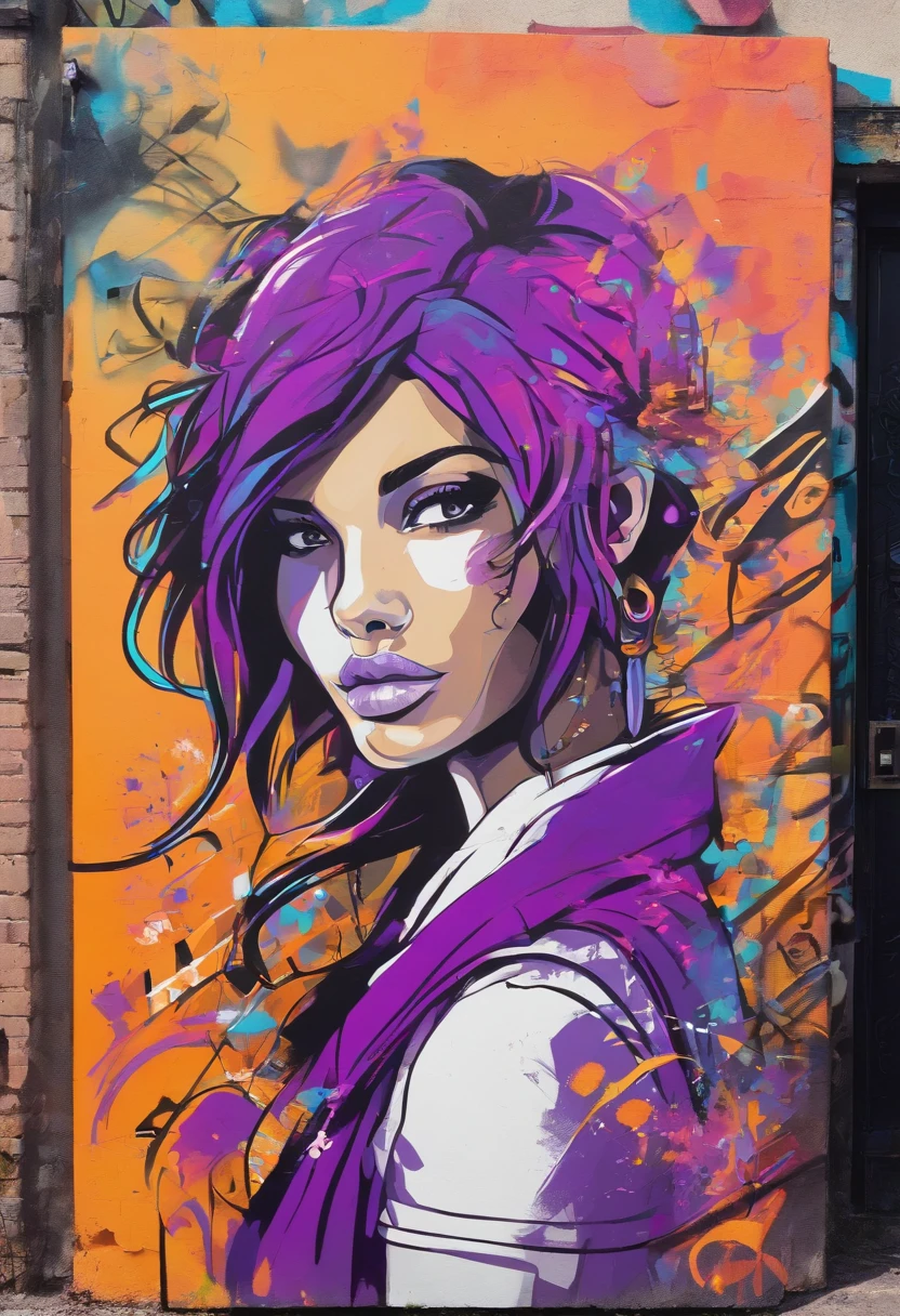 Create a 2D character with medium hair, dark brown left side, purple right side, personagem para RPG, perfeito, personagem 2D, Girl with brown eyes medium hair.