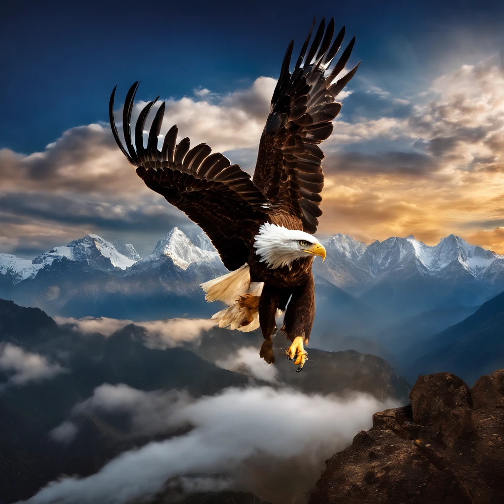 (((Create a masterpiece of a great eagle))) volando con gracia en el cielo, (((Con majestuosas alas en movimiento))), With the stunning backdrop of the skyline, emergiendo de la cima del Everest.