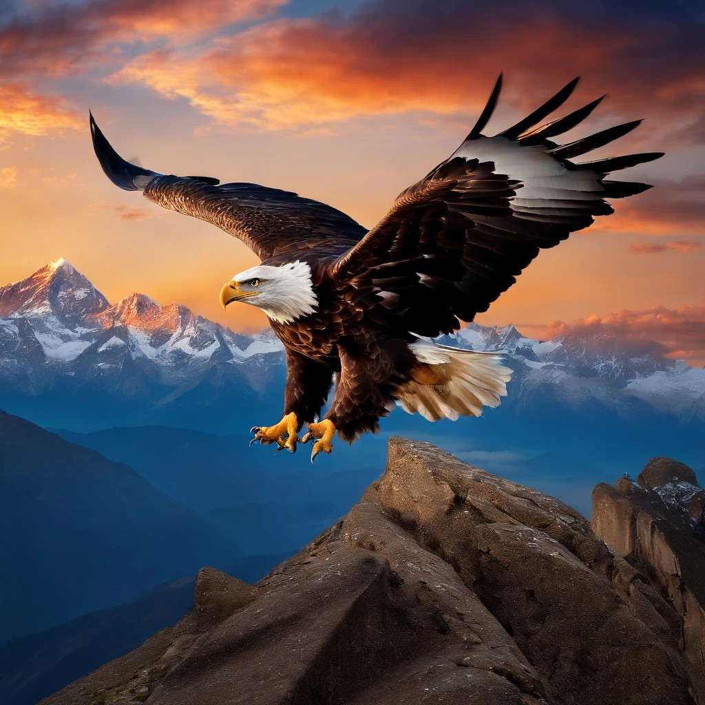 (((Create a masterpiece of a great eagle))) volando con gracia en el cielo, (((Con majestuosas alas en movimiento))), With the stunning backdrop of the skyline, emergiendo de la cima del Everest.
