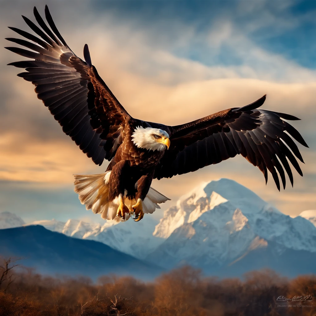 (((Create a masterpiece of a great eagle))) volando con gracia en el cielo, (((Con majestuosas alas en movimiento))), With the stunning backdrop of the skyline, emergiendo de la cima del Everest.