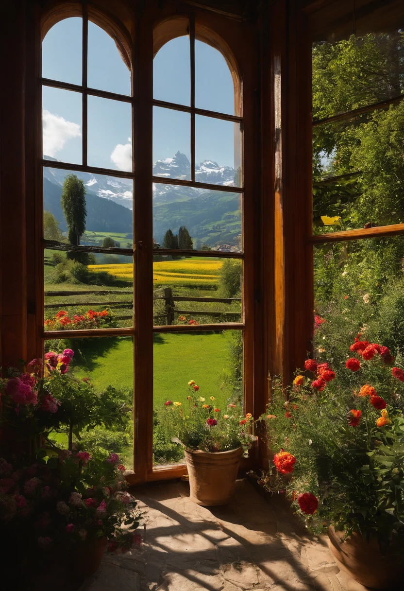Peaceful and idyllic countryside, Rolling green hills dotted with grazing sheep, Charming villa，Set amidst vibrant flowers, Clear blue sky overhead, Evokes a sense of peace and simplicity, Valle encantador, switzerland, patches of green fields, lush countryside, Valle exuberante,An idyllic village in Milan,，verdant green fields，above a village，Rolling terraces，Colorful garden of flowers and plants，Alpine scenery in the Swiss countryside under the Alps，Carl Sessel Bern，Majestic nature, Swiss architecture, lindo cenario, rios，waterfallr