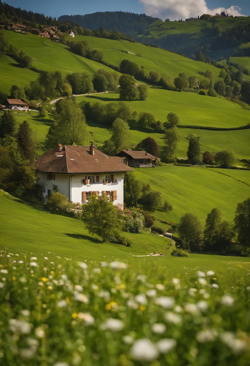 Peaceful and idyllic countryside, Rolling green hills dotted with grazing sheep, Charming villa，Set amidst vibrant flowers, Clear blue sky overhead, Evokes a sense of peace and simplicity, Valle encantador, switzerland, patches of green fields, lush countryside, Valle exuberante,An idyllic village in Milan,，verdant green fields，above a village，Rolling terraces，Colorful garden of flowers and plants，Alpine scenery in the Swiss countryside under the Alps，Carl Sessel Bern，Majestic nature, Swiss architecture, lindo cenario, rios，waterfallr