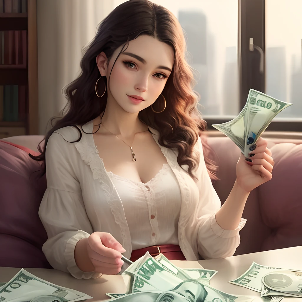 Hyperrealism detailed bio-fi genetic geisha transcendence belle Navigator, apical fashion, perfect face shading, there is a woman sitting on a couch with a suitcase full of money, life simulator, noire moody scene, sitting on the couch, at the sitting couch, sitting on the sofa, sitting on couch, sitting on a couch, with a suitcase full of money, lara croft relaxing