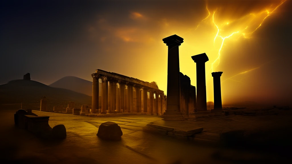 (best quality,4k,8k,highres,masterpiece:1.2),ultra-detailed,(realistic,photorealistic,photo-realistic:1.37),dark and golden sky, a man in a deep red cloak sitting on a rock, holding a wine glass in his left hand and gripping a sword in his right hand, detailed eyes and face, flowing cloak, intense expression, mystical background, dramatic lighting, majestic atmosphere, ancient ruins, blurred stars, shimmering golden light