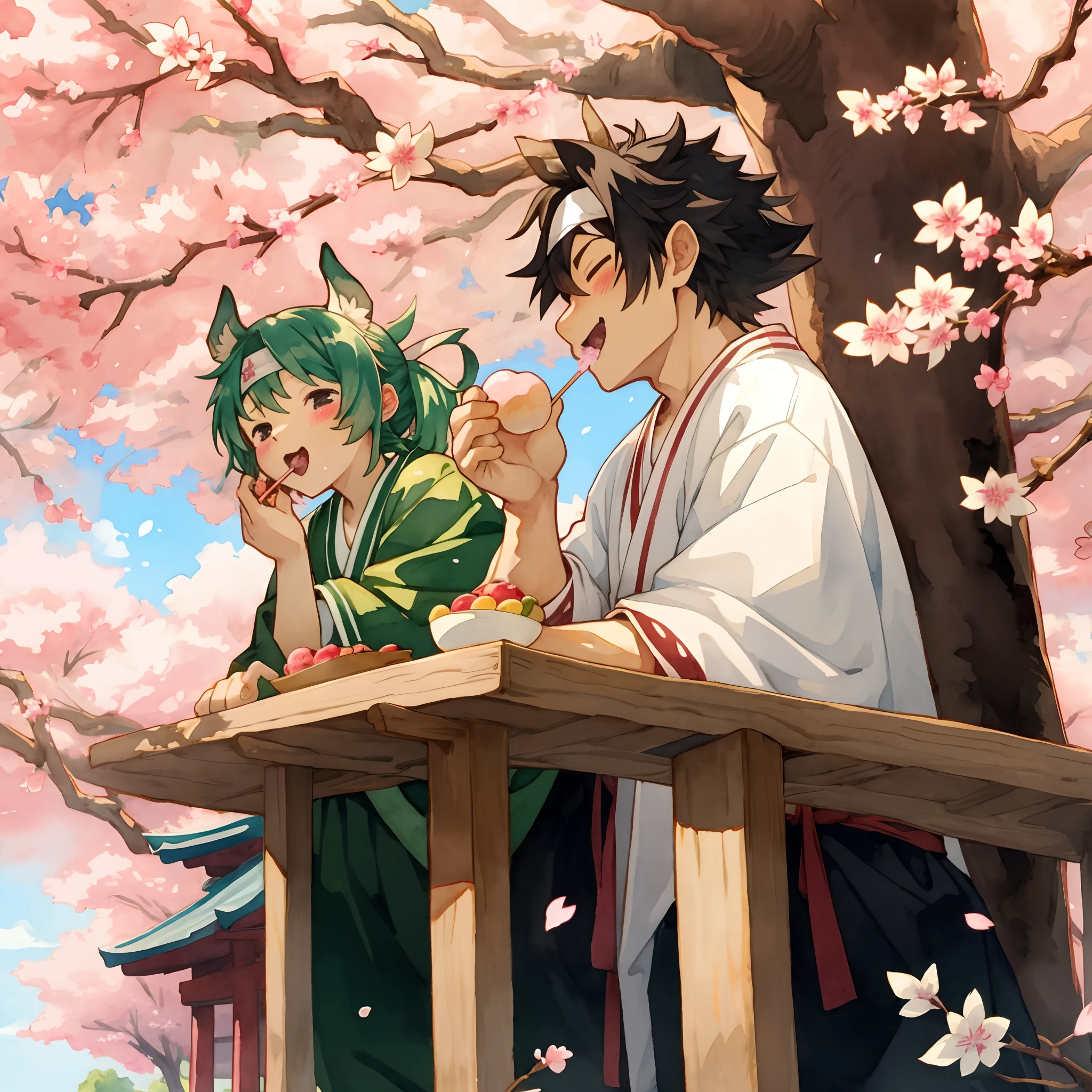 cover_page, Watercolor, Momotaro Wear peach-marked hachimaki, jinbaori, cherry blossom tree, ogre, joyful moment, dango, eating,