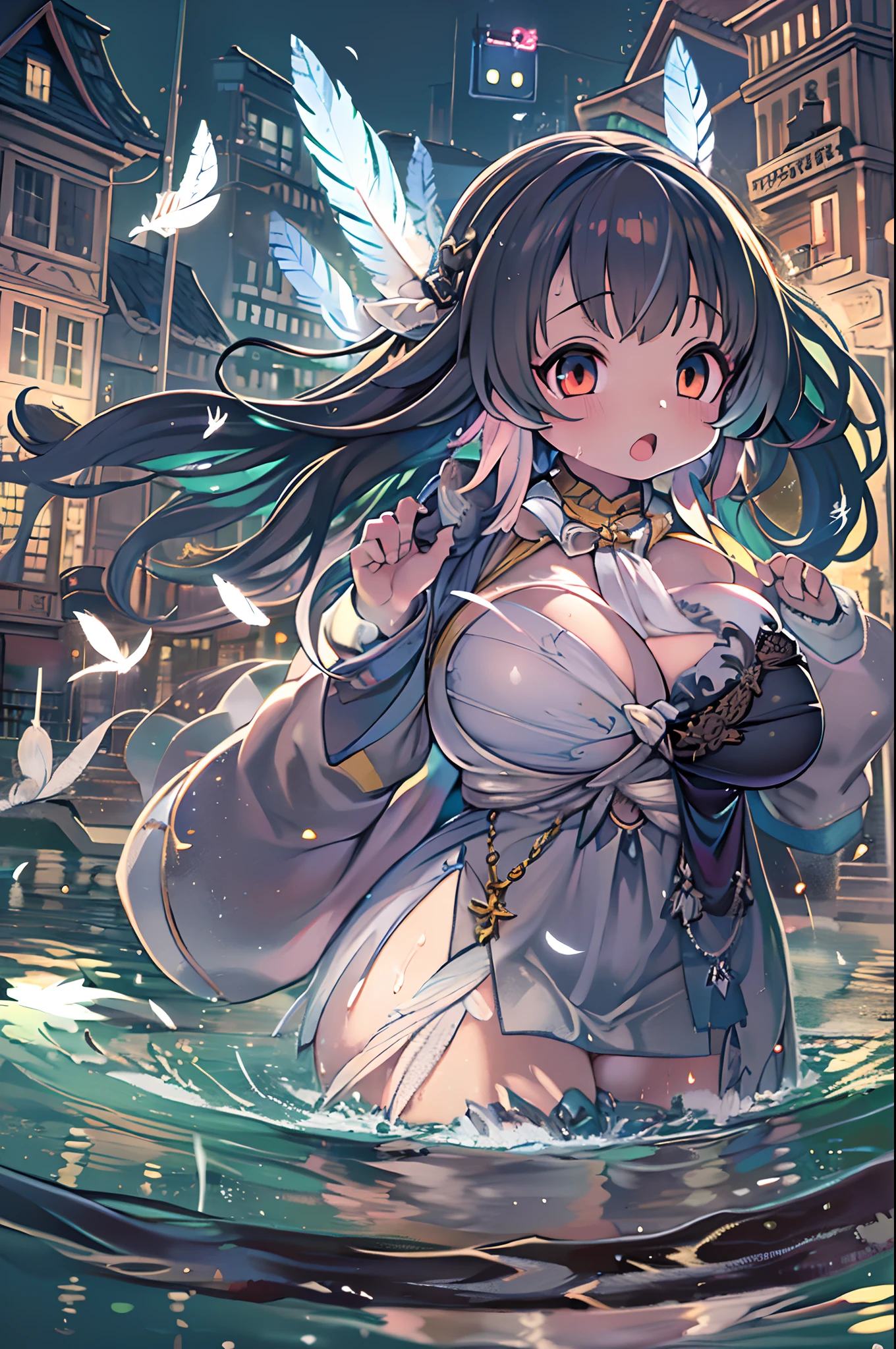 absurderes, hight resolution,, (1girl in, Solo), Big eyes,, townscape,, (Water Effects, Light Effects, fluttering feathers:1.2),bbw