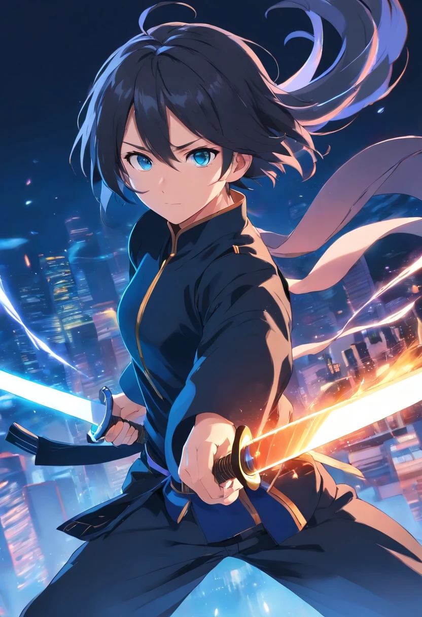 Heroi de cabelos longos e negros, black-clad with a sword in his hand and with martial arts skill and possessing the Pure Yan, Fighting to save the beautiful girl with blue eyes and white hair