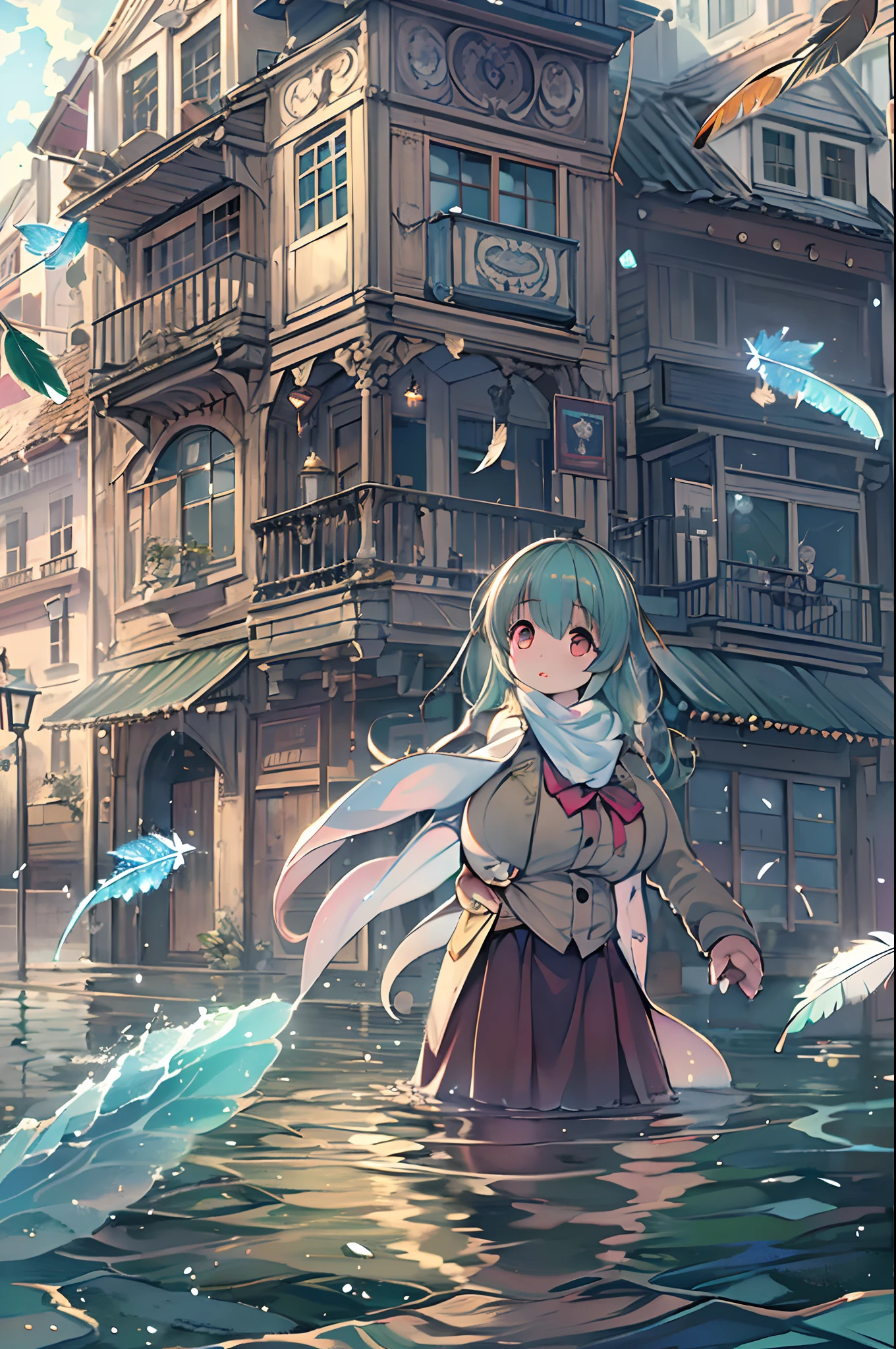 absurderes, hight resolution,, (1girl in, Solo), Big eyes,, townscape,, (Water Effects, Light Effects, fluttering feathers:1.2),bbw
