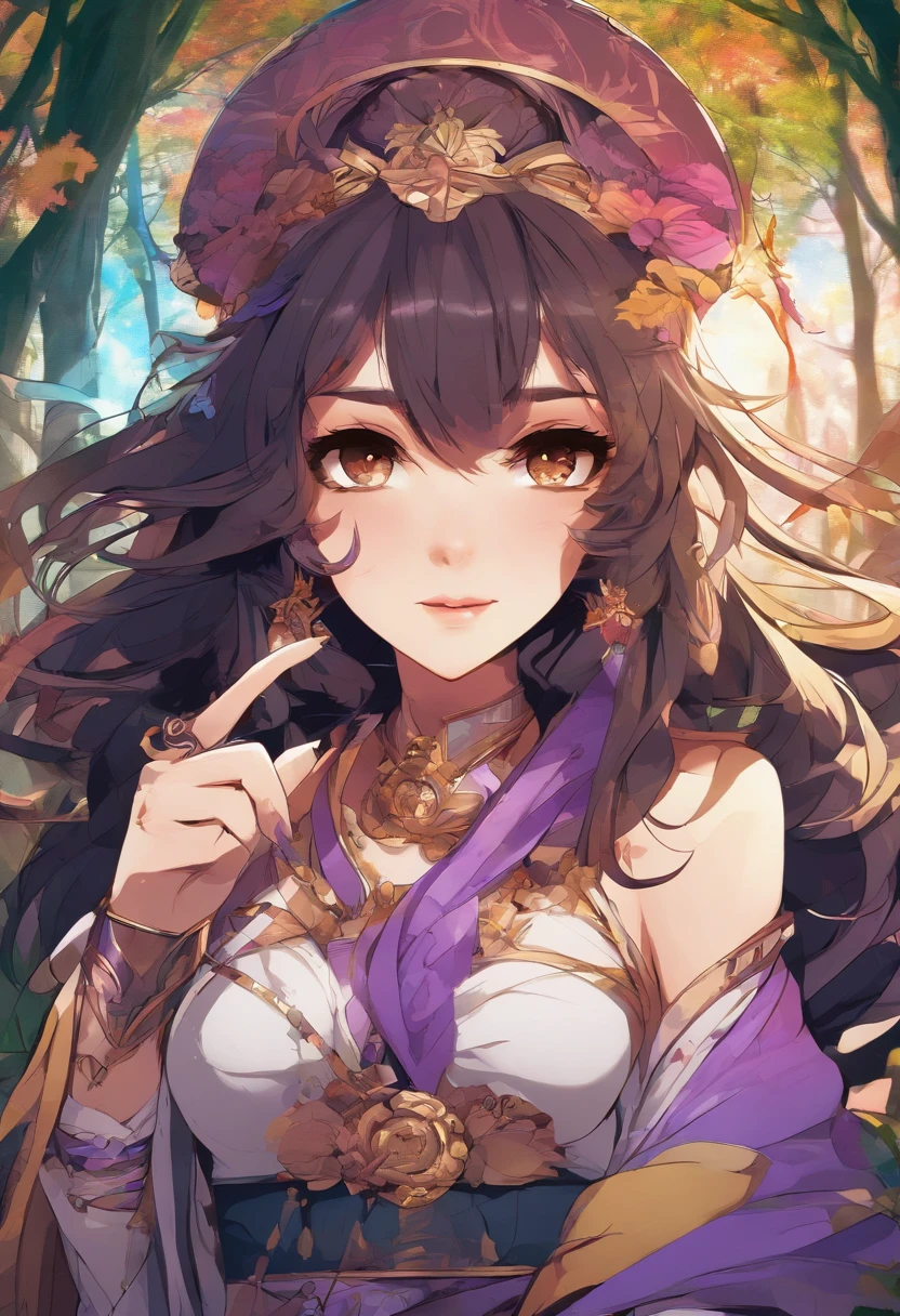(best quality,4k,8k,highres,masterpiece:1.2),ultra-detailed,(realistic,photorealistic,photo-realistic:1.37),dark fantasy RPG,illustration,long hair,perfect,2D character,detailed brown eyes,medium length hair,left side dark brown,purple right side,perfect character design,girl with brown eyes medium length hair,Fantastic world ambiance,wizard robe,adventurous expression,holding a magic wand,beautiful detailed lips,ornate headband,leather belt,combat boots,half-smile,character with a mysterious past,scrolls and potions,forest background,enchanted forest setting,colorful and vibrant palette,magical lighting effects,high contrast shadows,dynamic pose,looking determined,with a hint of mischief,hair flowing in the wind,sharp and defined outlines,soft and subtle shading and highlights,rich textures,fine brush strokes,whimsical and imaginative,non-realistic elements,inspired by traditional Japanese art,with a touch of anime style.
