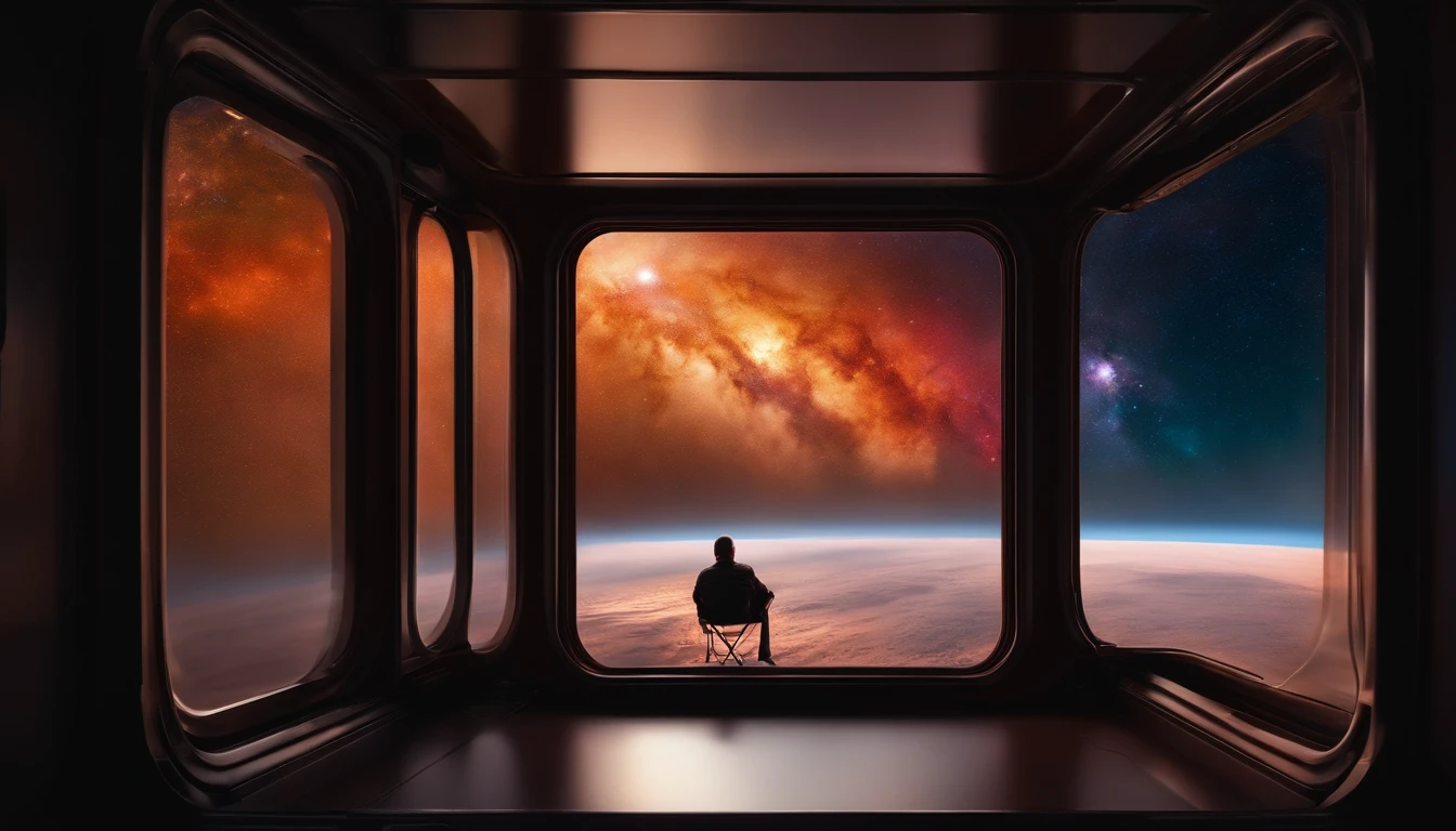 Scene of a landscape window with a view into space and a person sleeping inside the ship