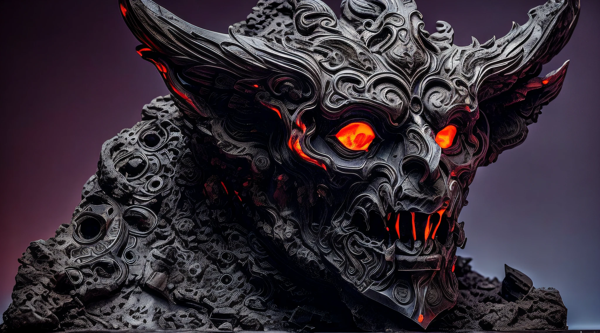 An ancient and weathered devil, scarred by countless eons in the fiery abyss, gazing out over a vast, desolate expanse of molten lava, the weight of untold sins in its eyes, Sculpture, crafted from obsidian with intricate details,