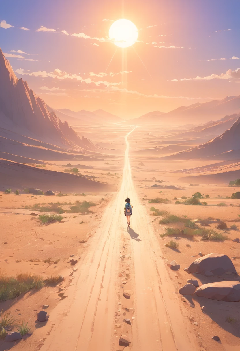 Create a Disney-style 3D illustration of a dusty road in the Judean desert where the incident occurred. Emphasize realism and attention to detail in the environment, incluindo a textura da estrada empoeirada, a paisagem do deserto, and the soft illumination of the sun. Make the scene look immersive and inviting on a mountain