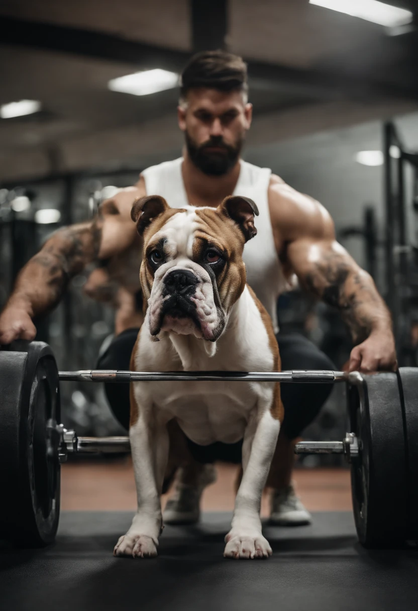 A dog like a bodybuilder lifting a barbell、The dog has a muscular body、The face remains that of a dog