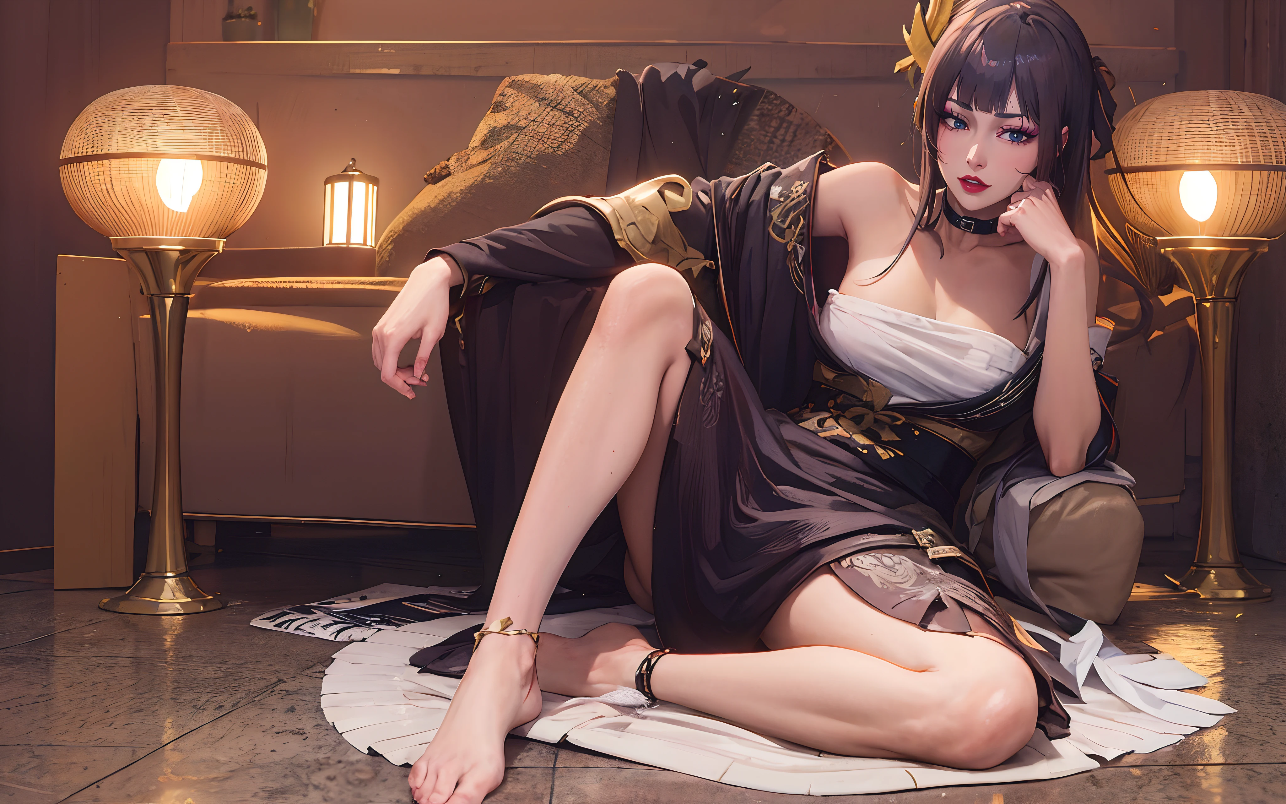 senjumaru shutara, (long hair, bangs, blunt bangs, black hair, sidelocks:1.5), (black eyes:1.5), makeup, lipstick, red lipstick, breasts, epic art, fantasy, 1girl, anklet, barefoot, solo, jewelry, sitting, indoors, breasts, choker, looking_at_viewer, cleavage, bracelet, large_breasts, bare_shoulders, dress, glow effects, godrays, Hand drawn, render, 8k, octane render, cinema 4d, blender, dark, atmospheric 4k ultra detailed, cinematic, Sharp focus, big depth of field, Masterpiece, colors, 3d octane render, 4k, concept art, trending on artstation, hyperrealistic, Vivid colors, extremely detailed CG unity 8k wallpaper, trending on CGSociety, Intricate, High Detail, dramatic, anime coloring, anime screencap, steaming body, fog, heavy breathing, nsfw art,