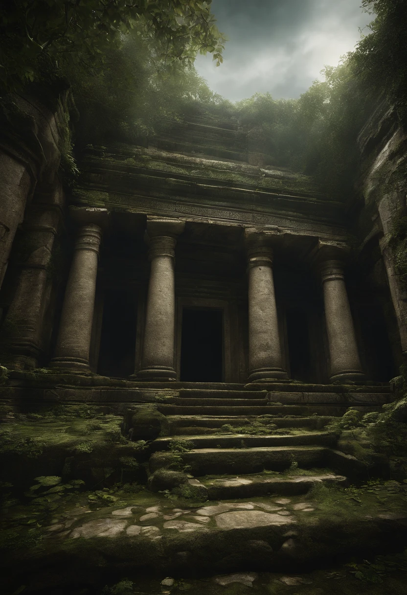 The forgotten graves are overgrown with vegetation, The Great Necropolis, Underground labyrinth, Evil Temple Ruins, Sacrificial temples, mistic, (Magic array of ominous light:1.2), Ancient Castle Site, Ruins of a deserted cemetery, Collapsed tombs, Backwater Ancient Site, Swamp ruins, wavelets, running water, Shining majestic cloud masses and sky, salama,Top quality, Masterpiece, 超高分辨率, (Photorealistic: 1.4), RAW photo,full bodyesbian, Global illumination, Contrast, Octane rendering, 8K, ultrasharp, The kinky is exposed,world of warcraft,dark maya temple frontal view boxing ring