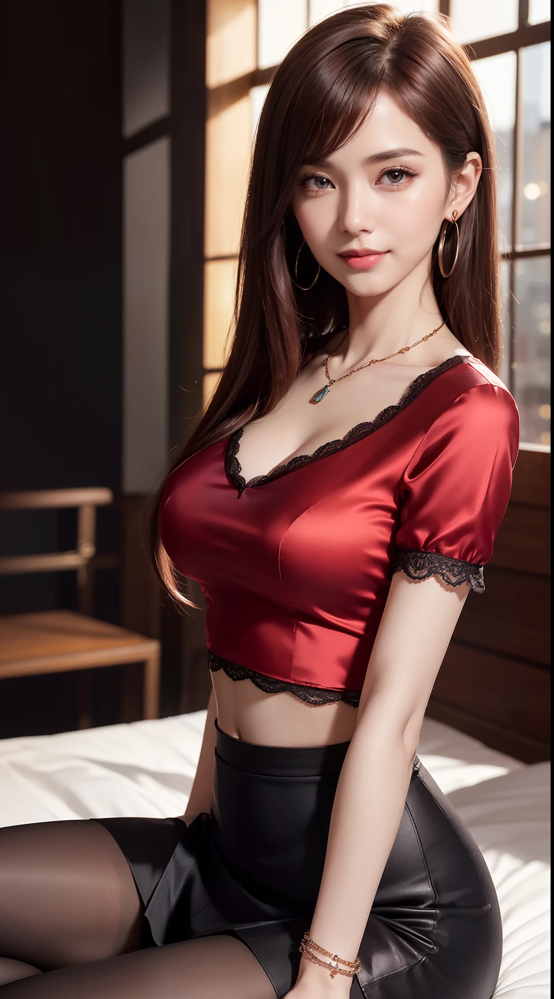 8k, masterpiece, RAW photo, best quality, photorealistic, extremely detailed CG unity 8k wallpaper, Depth of field, Cinematic Light, Lens Flare, Ray tracing, (extremely beautiful face, beautiful lips, beautiful eyes), intricate detail face, ((ultra detailed skin)) 1girl, in the dark, deep shadow, pretty Asian girl, idol, 1 girl, (very slim slender fit-muscled body:1.3), ((looking at viewer)),(big smile:1.3), (tight laced blouse), ((black red color blouse)), (laced short sleeve) , (city night, dark night, (blurred background), dim lights, cityscape, rooftops, veranda, bed, big windows, beautiful earrings, bracelets, necklace, pantyhose, clear eyes, (pale skin), (big eyes), face forward, ((upper body shot)), ((silk red color skirt)),(brown hairs),((tight fitting skirt )), (looking at viewer:1.3), open breast, (very slim), medium breasts, (flooming laced blouse), sitting, ((open breasts))