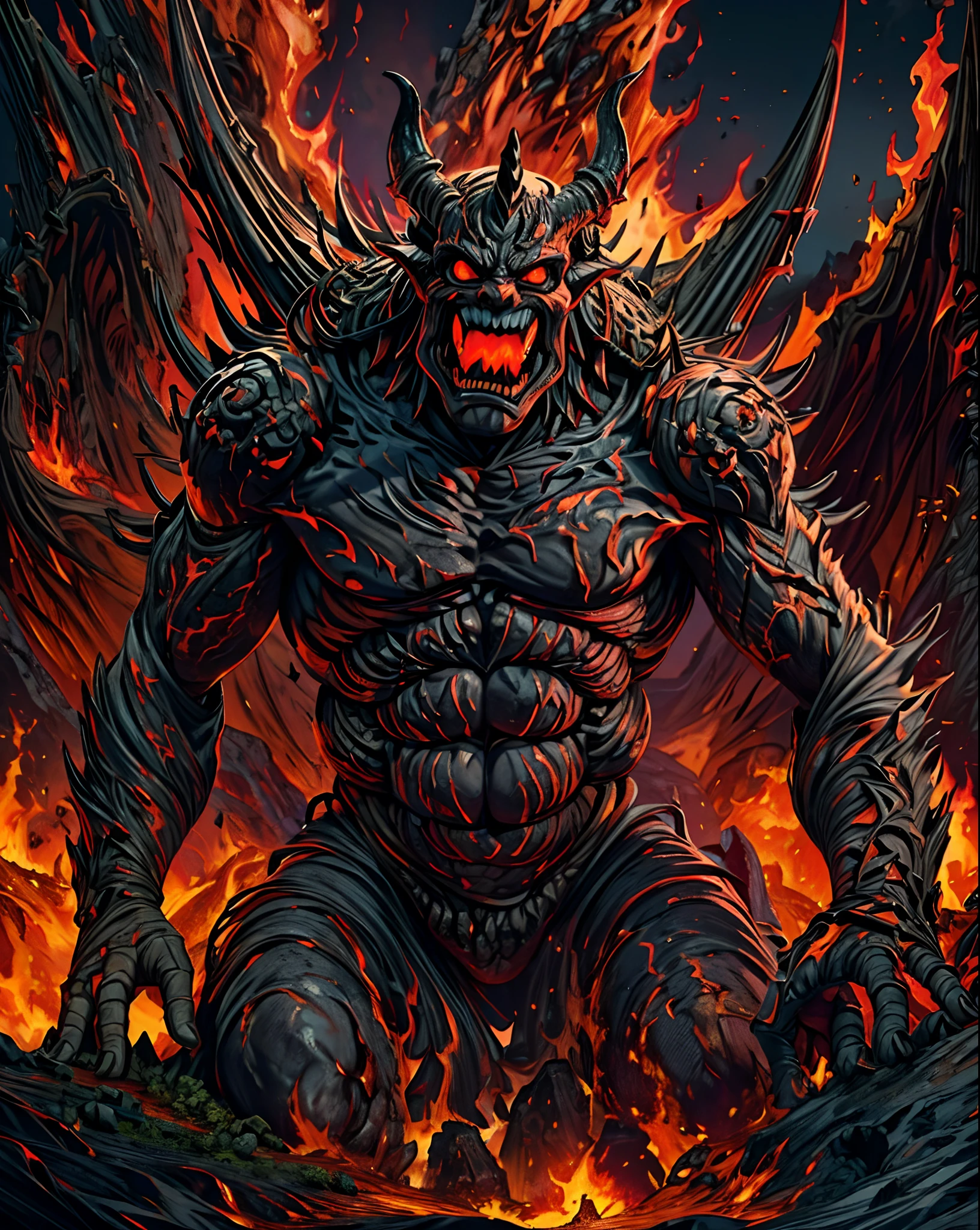 fusion of oil painting and watercolor painting, best quality, super fine, 16k, incredibly absurdres, extremely detailed, delicate and dynamic, dark horror fantasy, darkness, demon muddy with red lava, lava overflowing from crack in the rock, gradually forming into the shape of demon, mushy shape, demon made of lava, like hell
