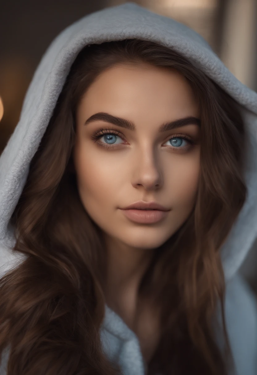 arafed woman with hoodie, sexy girl with blue eyes, portrait sophie mudd, brown hair and large eyes, selfie of a young woman, bedroom eyes, violet myers, without makeup, natural makeup, looking directly at the camera, face with artgram, subtle makeup, stunning full body shot, at the mall