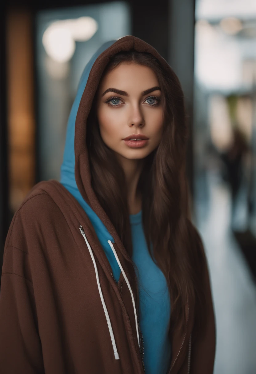 arafed woman with hoodie, sexy girl with blue eyes, portrait sophie mudd, brown hair and large eyes, selfie of a young woman, bedroom eyes, violet myers, without makeup, natural makeup, looking directly at the camera, face with artgram, subtle makeup, stunning full body shot, at the mall