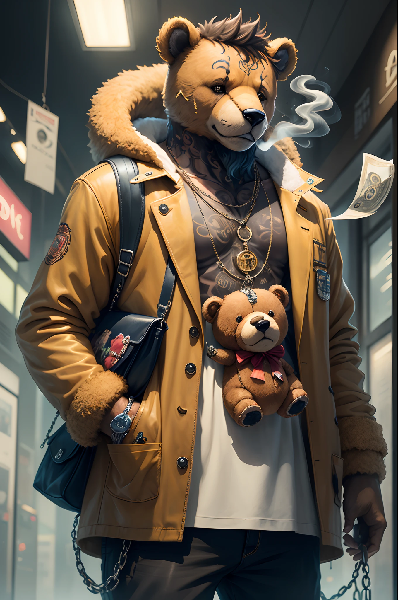 Teddy bear with tattoos and big chain smoking, holding a bag of money