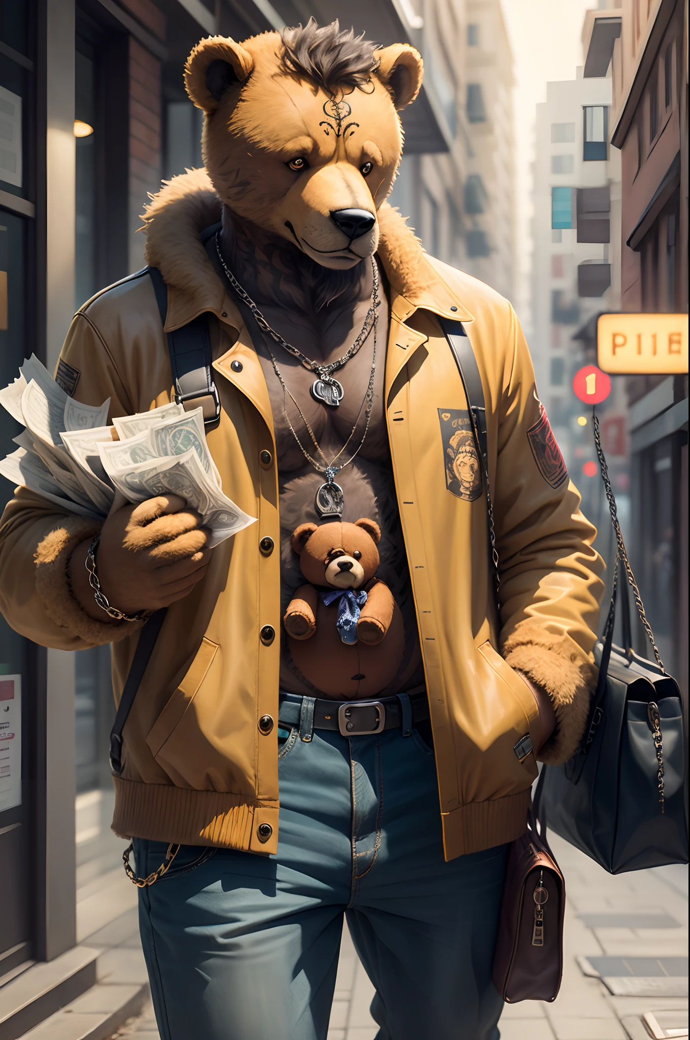 Teddy bear with tattoos and big chain smoking, holding a bag of money