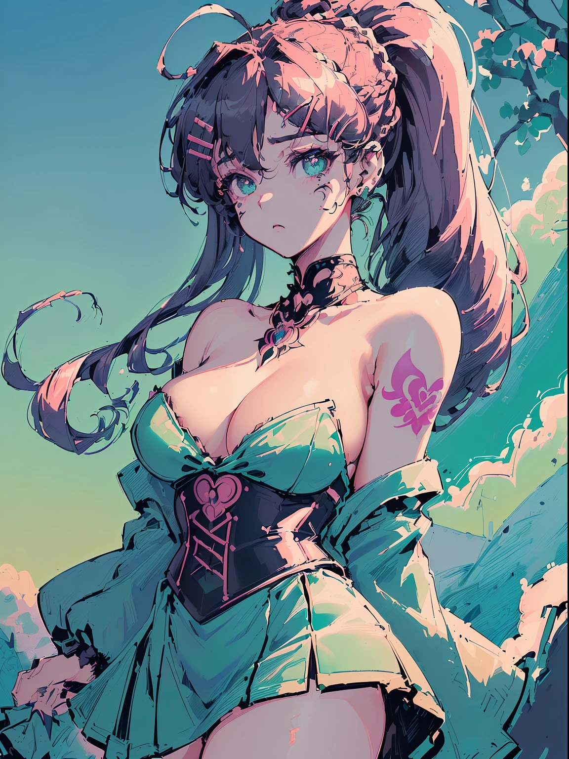 (((((((Vaporwave style,gasping,monochromatic world, using only shades of snowy and green Guava and ruby,facial tattoo,pubic tattoo,tsundere,))))))(((off shoulders,high turtleneck kimono,corset,))) (((star necklace,blush:1.7,baggy cuffs,))), (geometric:1.1), ((1girl,under-aged,amazing,sharp focus,seductive girl,Solo,from above:1.2))(((Masterpiece,Best quality, offcial art, Beautiful and aesthetic:1.2))),((incredibly_absurdres,Golden ratio,)) (16k),((bust shot,focus on face:1.2,demon,sagging breasts)),(Physically-based rendering),Sharp focus, (((highdetailskin))),Intricately detailed clothing,Delicate pupils,heart pupilsreflected pupils,danfeng eye,((((detailed hair|middle hair|long bangs|Long bold side bangs|top bow|huge ahoge|high ponytail|french braid)))),Slender,(masterpiece sidelighting),(The sheen),(beautiful hair,beautiful eyes,)((unbelievable Ridiculous quality,blur background,sakura trees)),((extremely_Detailed_Eyes_and_face)),Movie girl,(Dynamic configuration: 1.2),Brilliant,Glossy, (Photorealistic), ((hairclip)), two-sided fabric,disheveled hair,Ultra-precise depiction, Ultra-detailed depiction,