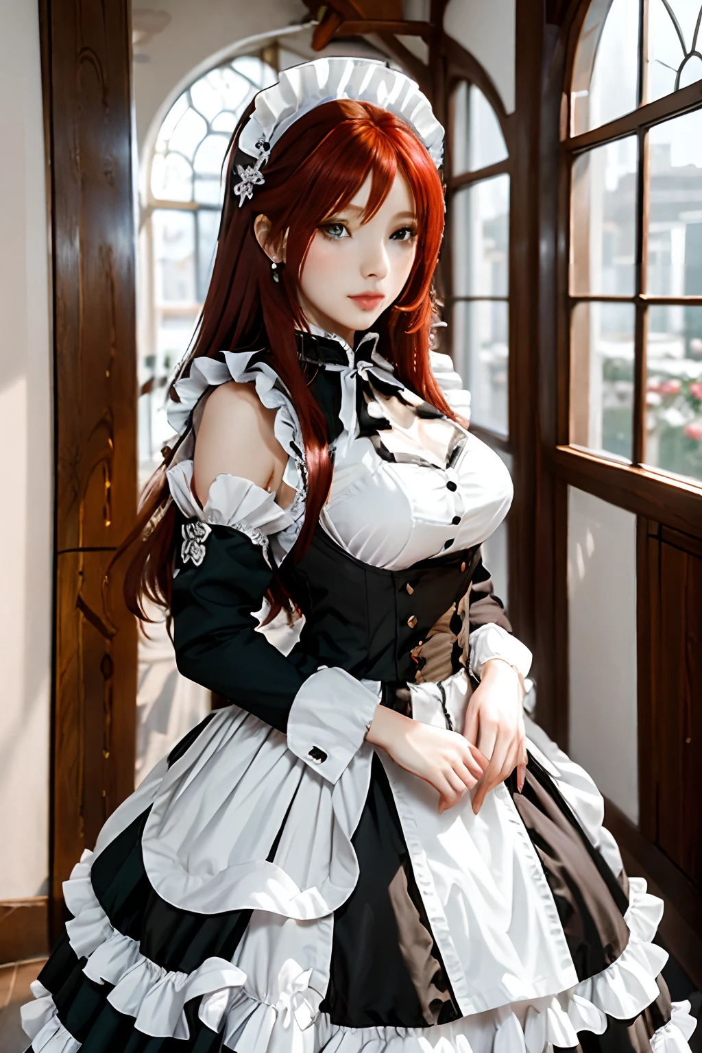 The woman, (European Citizenship: 1.2) In a black and white outfit posing for a photo, maiden! Dress, Anime Girl Cosplay, anime girl in a maid costume, The Magnificent Maiden, maid outfit, cosplay photo, cosplay, anime cosplay, A Few Cute Poses, (Face of the Goddess), (Elegant posture: 1.4), Elegant atmosphere, Noble atmosphere, (Milf: 1.6) (redhead hair: 1.5), (Cyan eyes: 1.4), (maidservant: 1.4), (Black and White Maid Outfit: 1.1), (Incredible beauty, High facial detail:1.3),