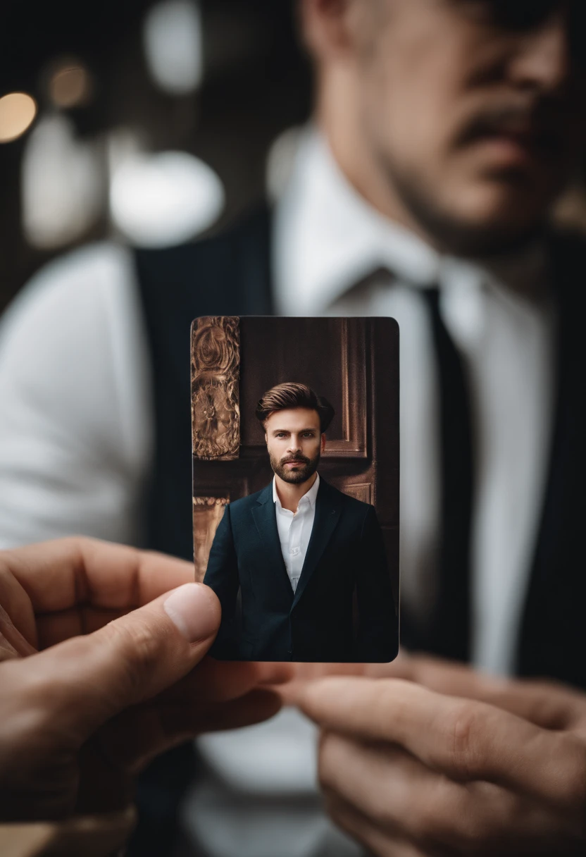 A realistic photo person holding a white paper in business card style