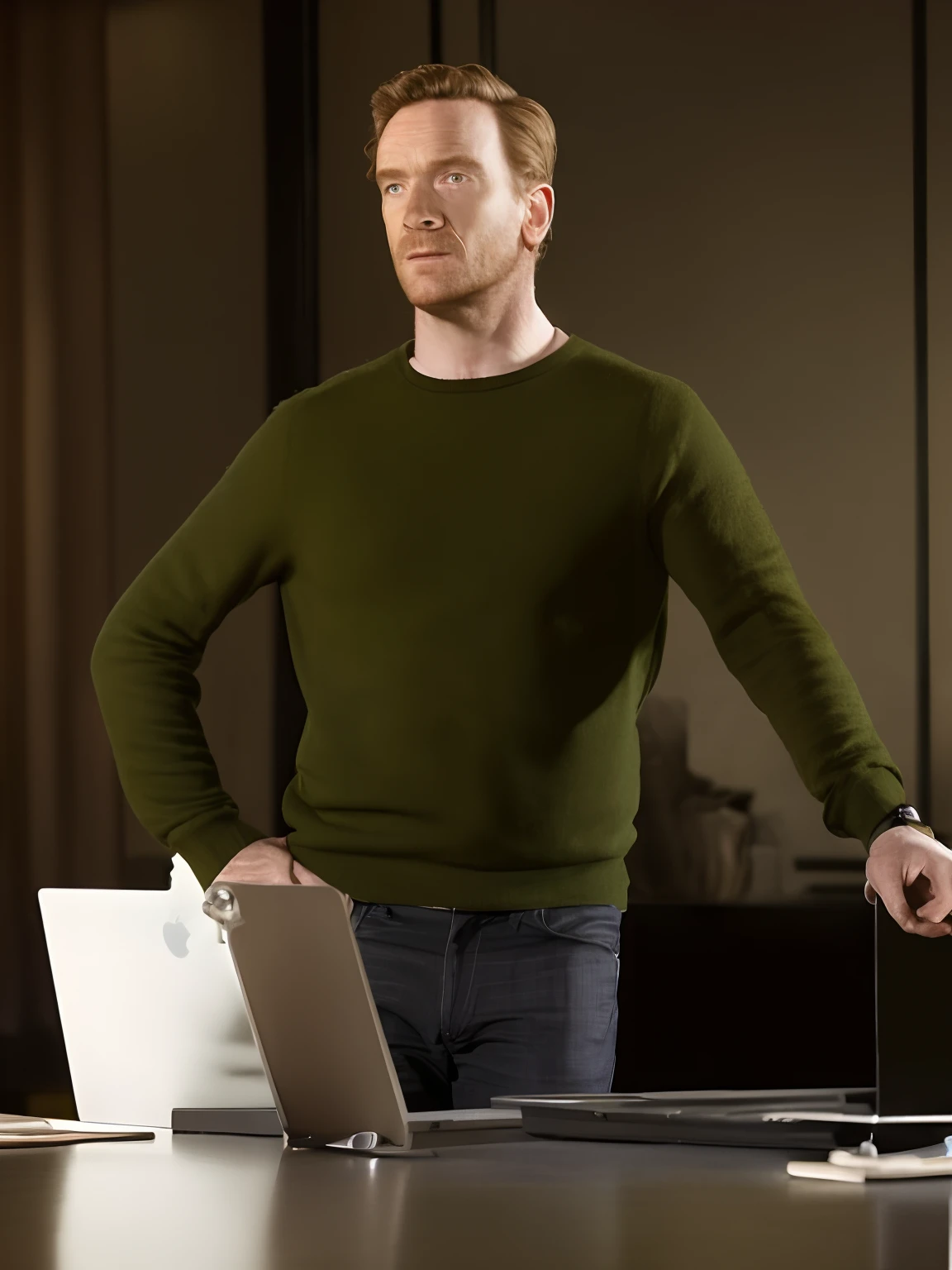 arafed man standing in front of a desk with a laptop, promo still, tv show still, ewan mcgregor, wearing a black sweater, wearing a dark sweater, promo shot, promo image, wearing a green sweater, promotional still, tv still, michael fassbender, promotional image, promotional picture, dexter morgan, wearing a sweater, mixed art, sascha schneider