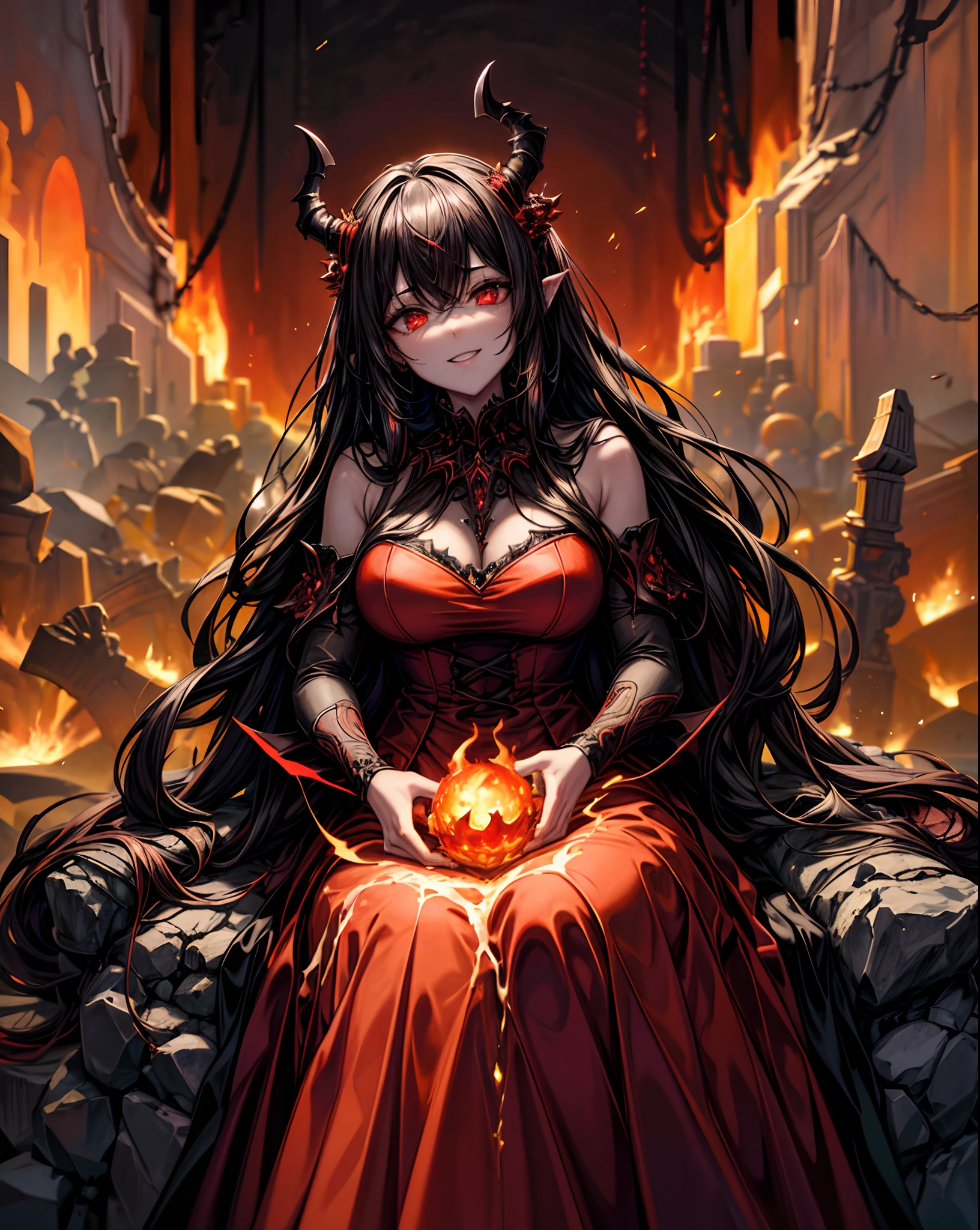 (highres,masterpiece:1.2),a cunning devil woman,dressed in regal attire,seated on a throne of molten rock,aura of power and treachery,surrounded by loyal demon subjects in a cavernous,volcanic palace,lit by flickering lava,with sharp shadows,rich dark colors,dancing flames,vivid red tones,ominous atmosphere,smoke billowing,corridors of glowing magma,incandescent embers,haunting echo,molten pillars of fire,glowing eyes in the darkness,heavy chains,creeping vines,enchanted crystals,ornate details,glistening horns,fiery wings,an evil grin,eyes shining with malice,cloaked in darkness.